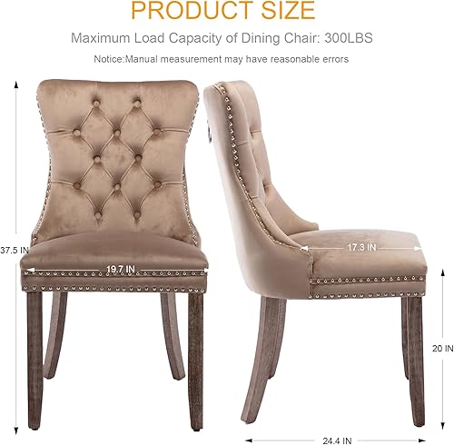 Miniatura 3 de Juego de 6 sillas de comedor de terciopelo, sillas de comedor tapizadas acolchadas con tirador de anillo trasero, ribete de tachuelas y patas de