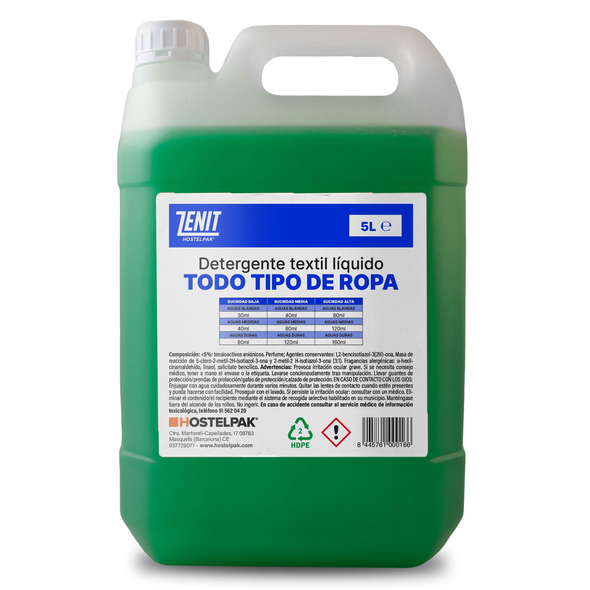 Hostelpak | 4 x 5L - Detergente líquido Todo Tipo de Ropa, Lavandería profesional, Detergente ropa clásico, Detergente para el lavado de ropa