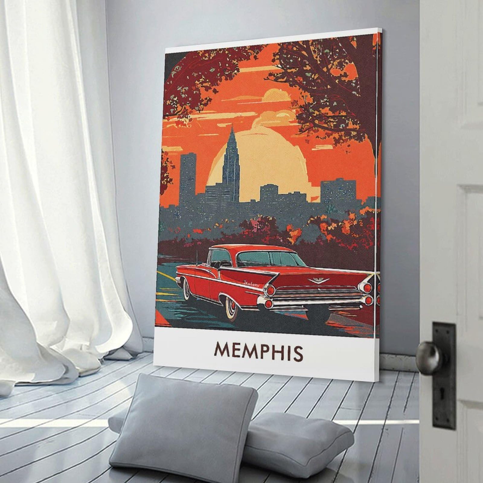 Junmoney Memphis Cityscape with Classic Car Wall Art Print, 20x30inch(50x75cm), for Study, Office Or Focused Interiors, Home Office Artwork with Decorative Appeal