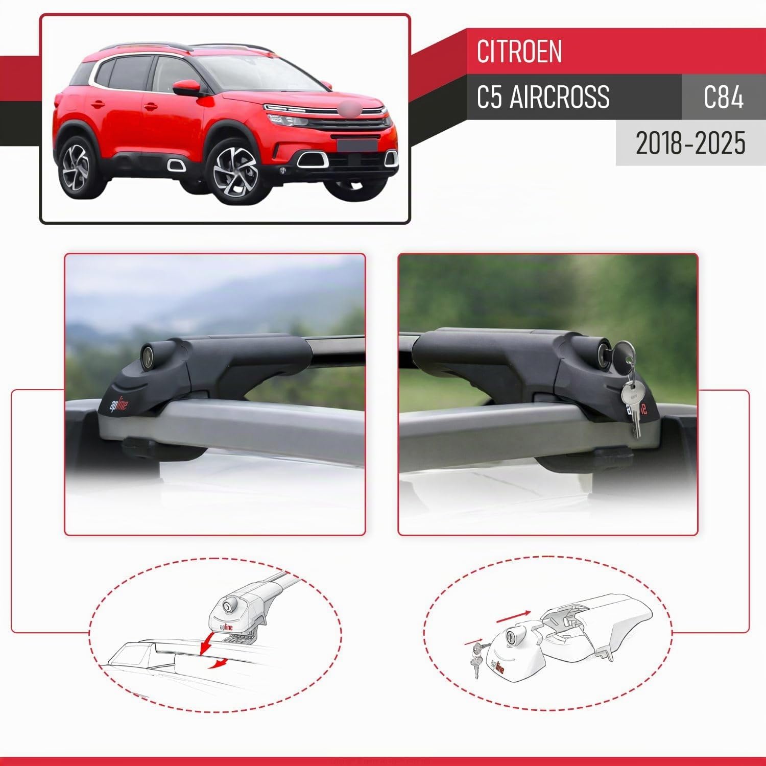 Kompatibel mit Citroen C5 Aircross (C84) 2018-2025 ACE-1 Modell Relingträger Dachträger Auto Gepäckträger Schwarz Aluminium 2 Stangen