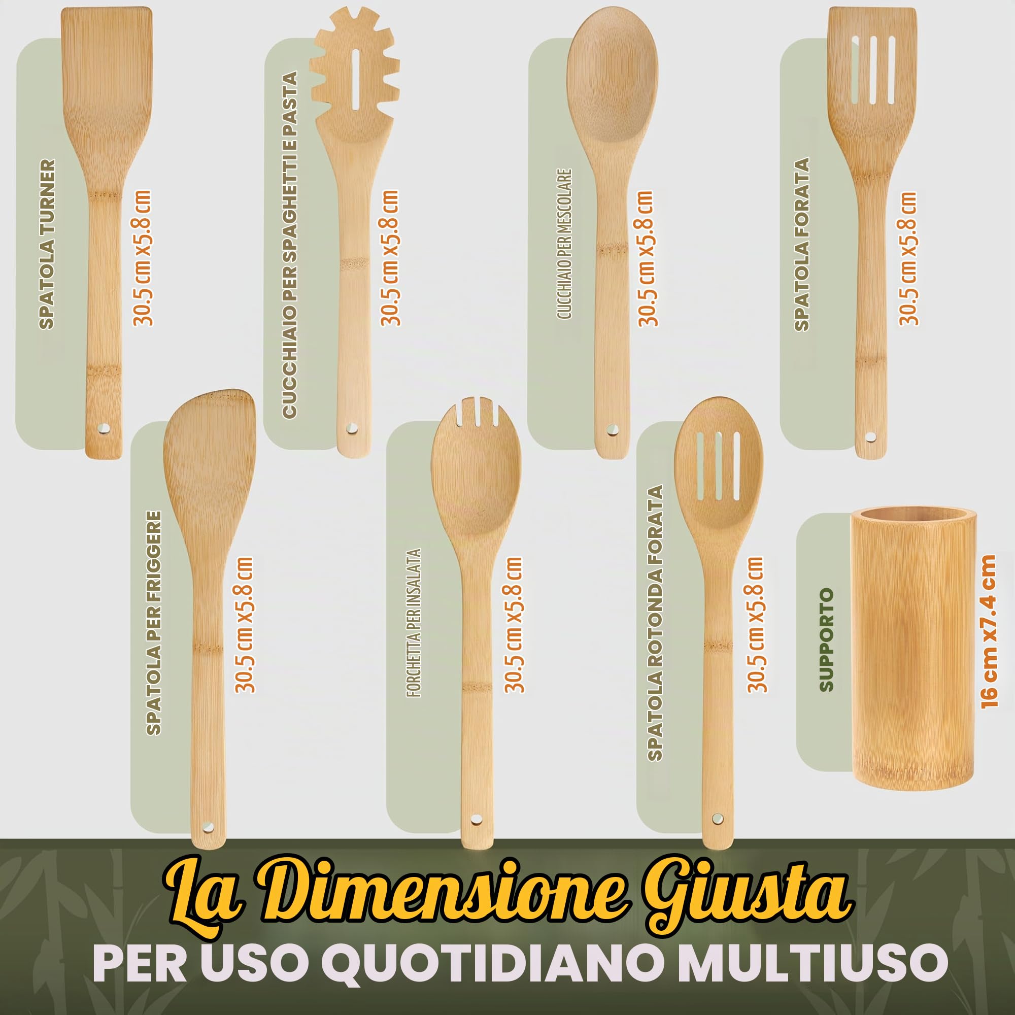 Set di 7 cucchiai da cucina in legno con supporto in 100% bambù