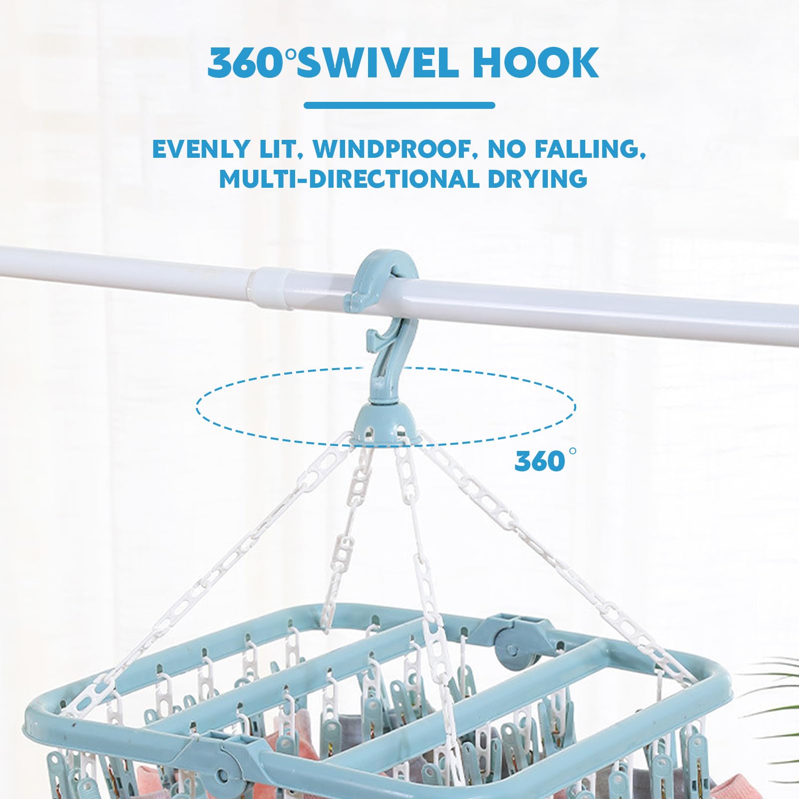Stendibiancheria Pieghevole Foshine Con 32 Clip - Gancio Antivento Per Biancheria Intima, Calze E Reggiseni - Blu - 2