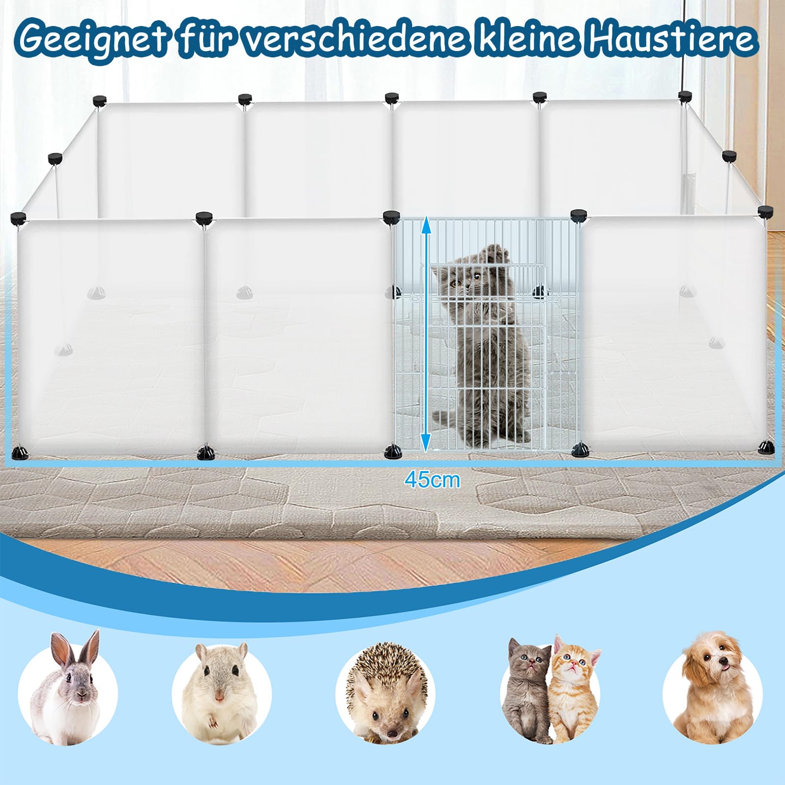 YRHome Enclos pour animaux de compagnie avec grille pour lapins, cochons d'Inde et hamsters - 12 panneaux avec portes - Blanc - 145x75x48cm