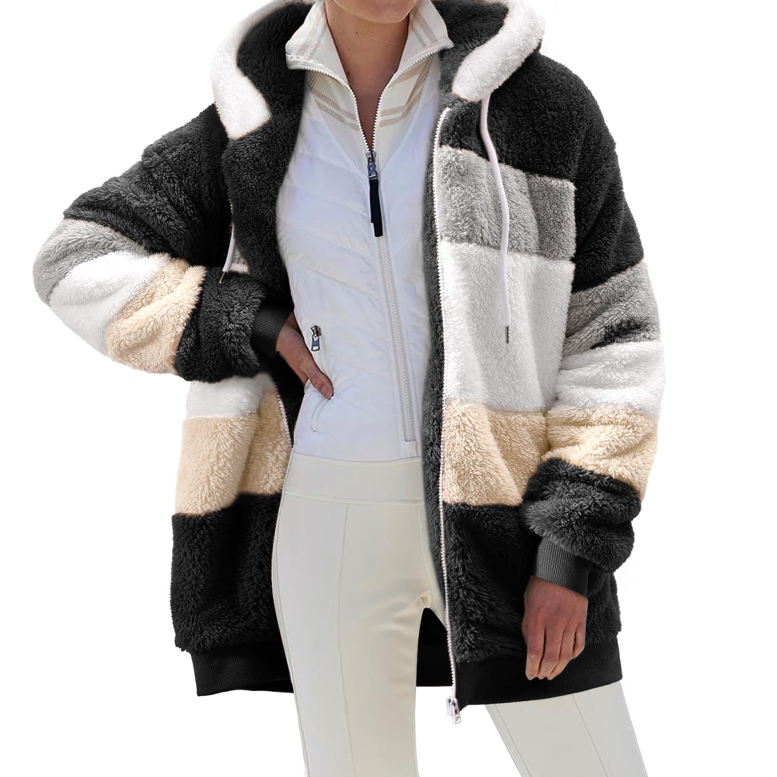 Yuson Girl Felpe con Cappuccio Donna Felpa in Pile Patchwork Manica Lunga Felpe Donna con Zip Autunno Invernale Felpa Pelosa Casual Giacca Teddy Outwear Caldo Cappotto con 2 Tasche