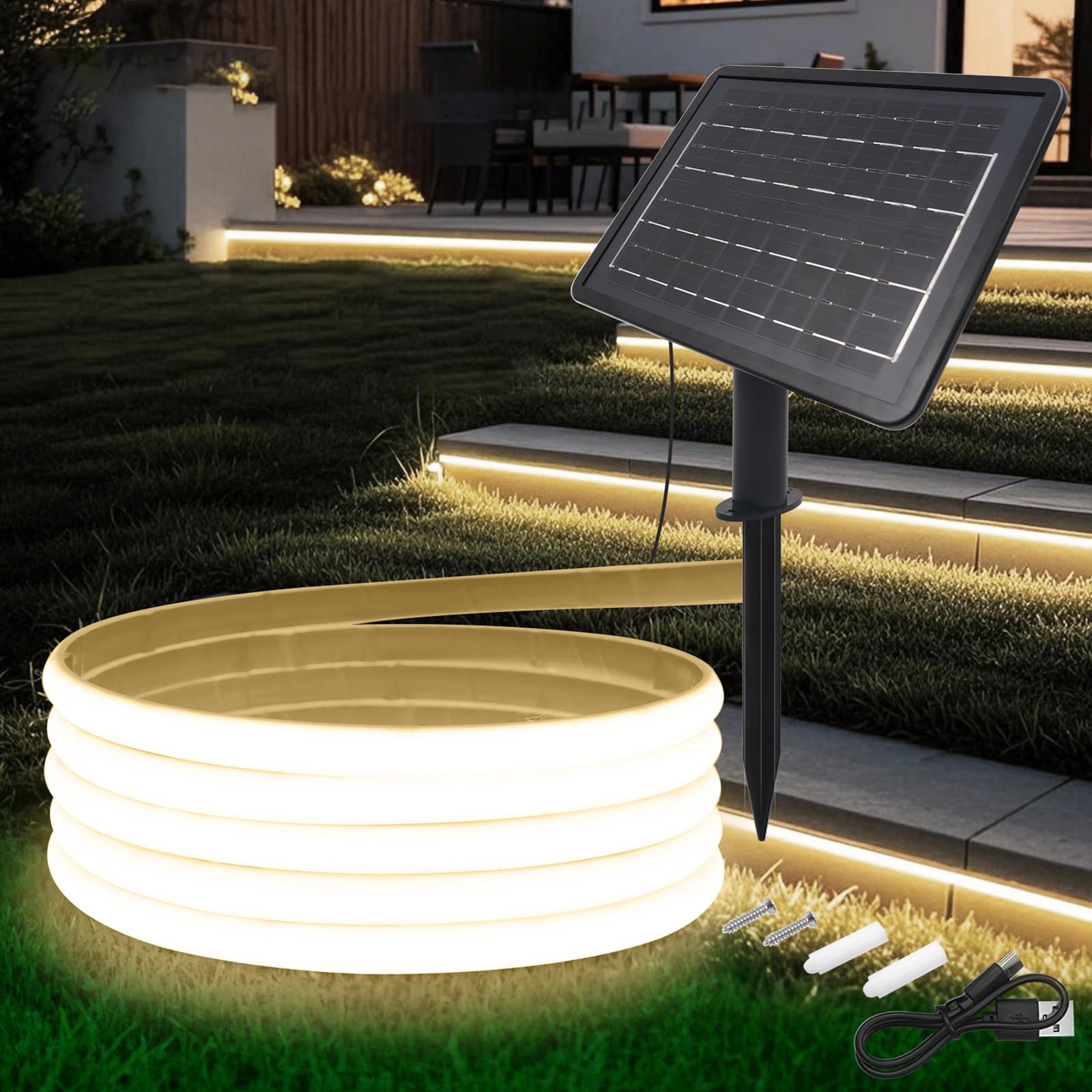 KAFULA 24V COB LED Solar Strip [8m,Natural White 4000-4500K], 7200MAH Solar Panel Controller, 8 Modes, IP68 Waterproof Flexible FCOB LED Neon Strip for Bedroom Garden Corridor Decoration — image 1
