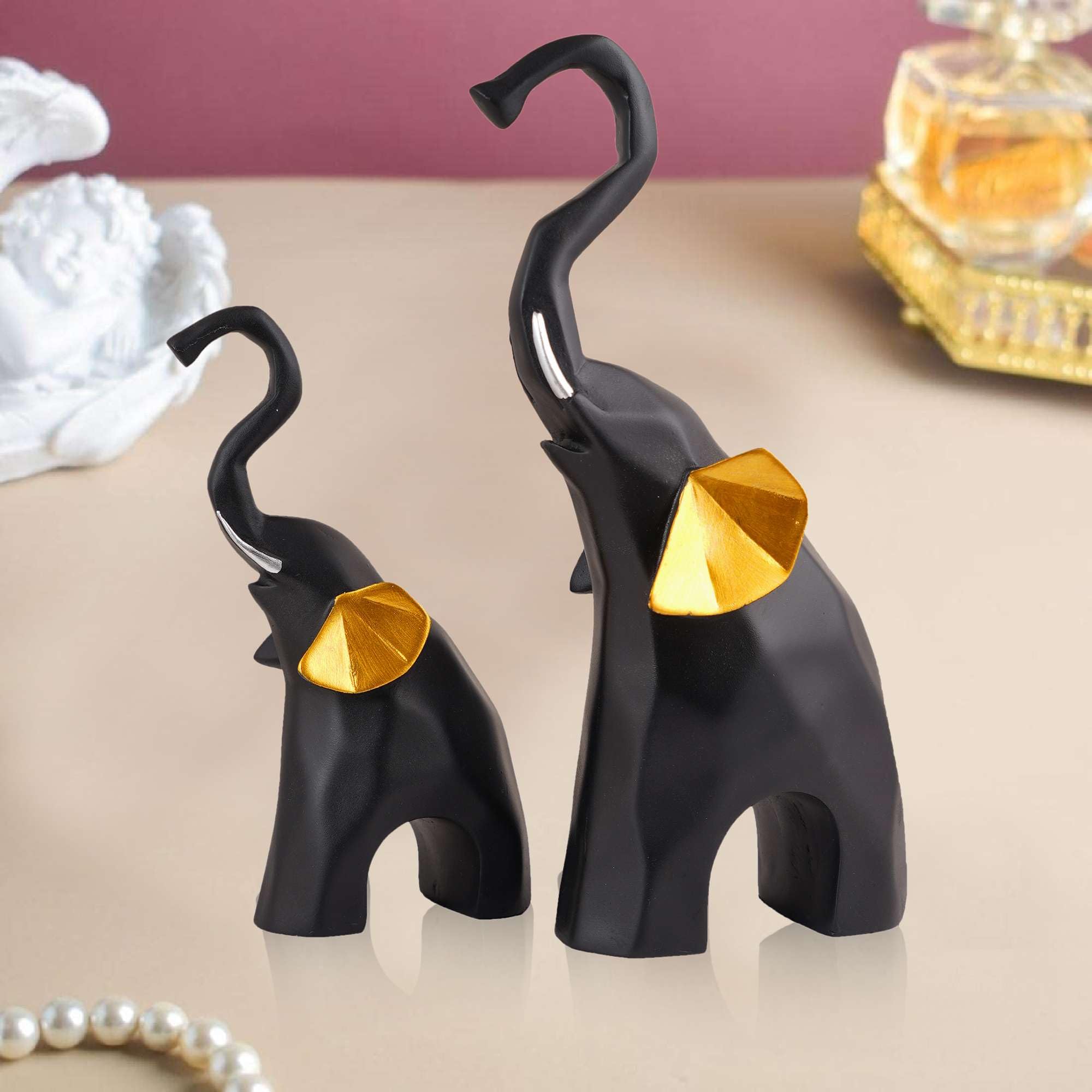 Leaf Lifestyle Polyresin Elephant Showpiece Statue and Artifacts for Home Decor, Living Room, Table Decoration for Gifting, Interiors and Diwali Decoration Black (Set of 2)