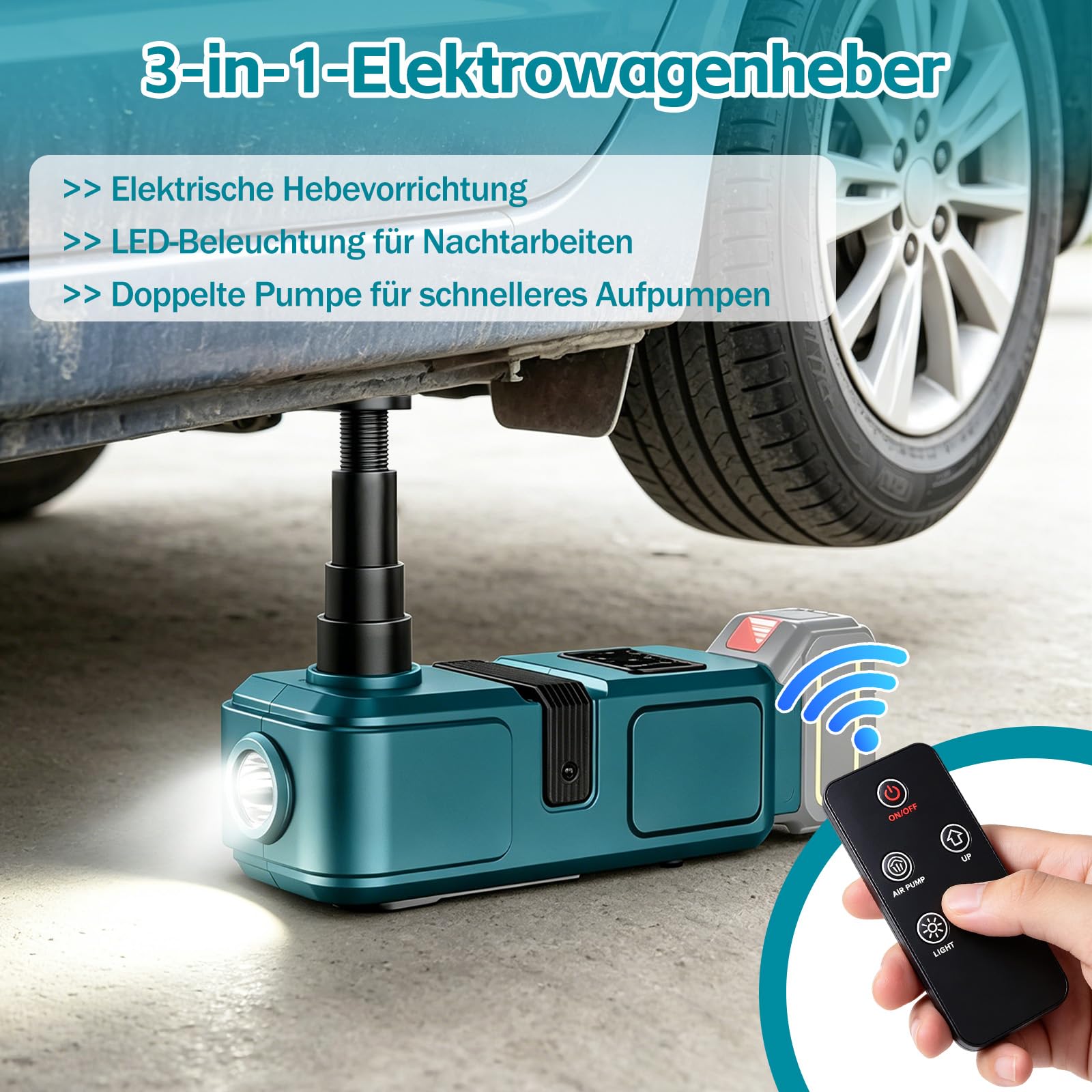 Elektrischer Wagenheber, 5T Akku Wagenheber Kompatibel mit Makita 18V-21V Kabelloses Tragbares Wagenheber mit Fernbedienung und LED-Beleuchtung für Auto SUV LKW, Hubhöhe 15,5–45 cm (Ohne Akku)