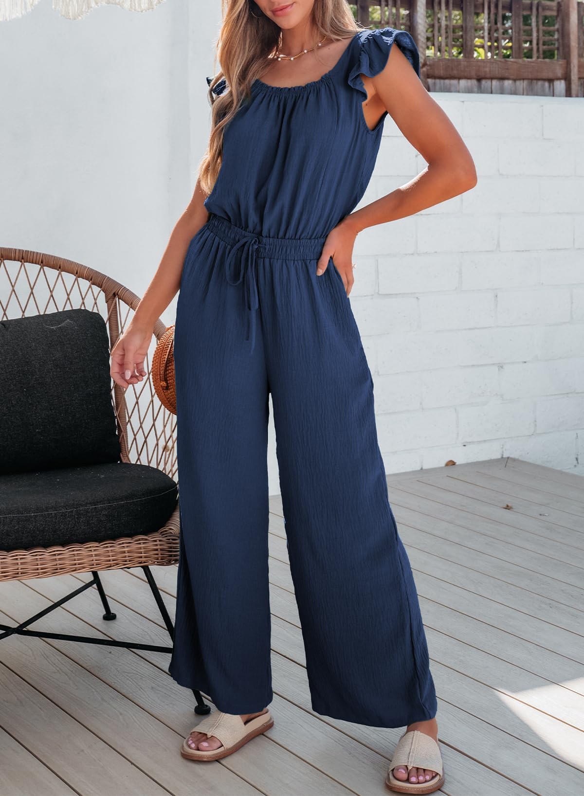 Dokotoo Jumpsuit Damen Sommer Musselin Overalls Elegant Rüschenärmel Hosenanzug Weites Bein Playsuit Lang Romper mit Kordelzug S-2XL