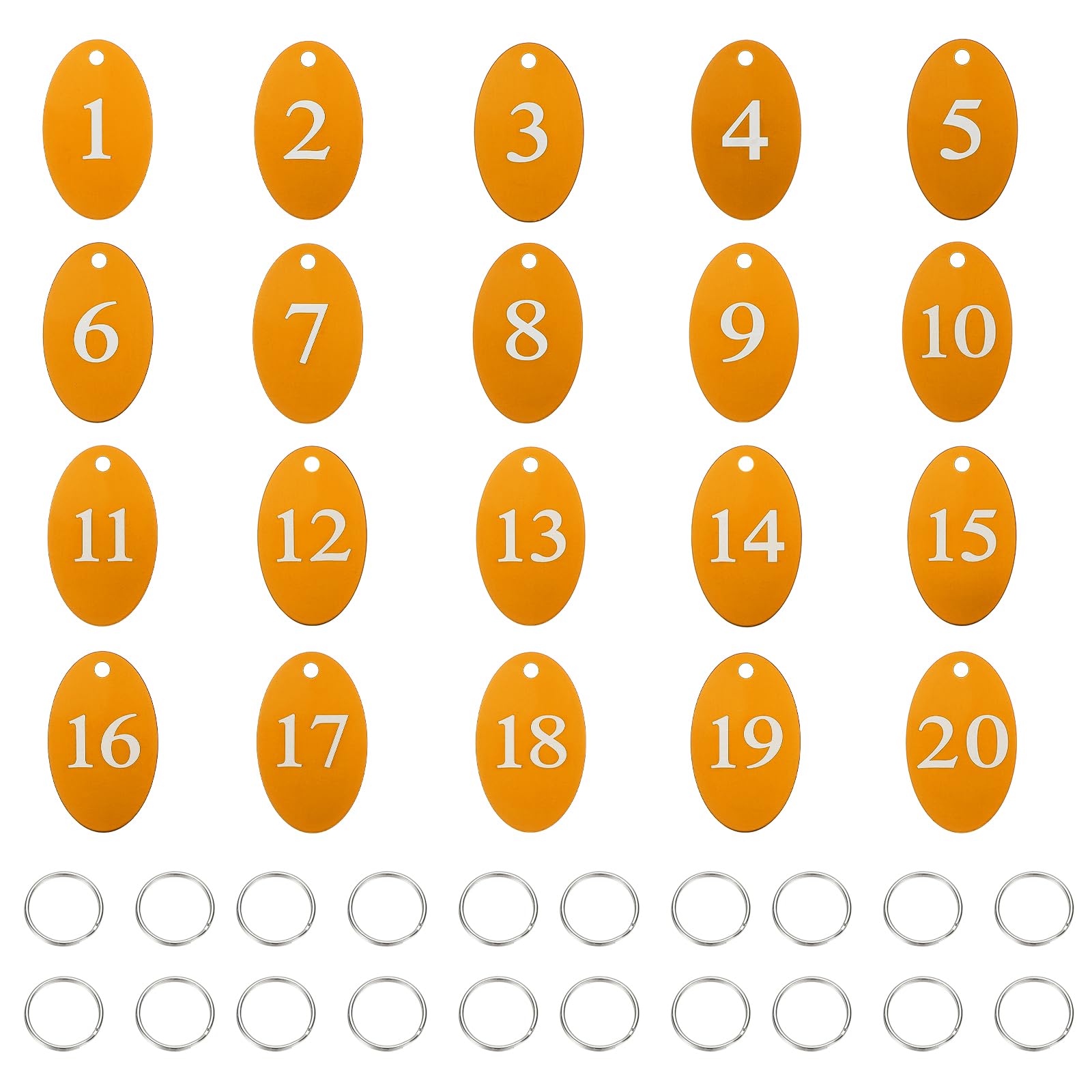 PATIKIL 20PCS Number Tags 1-20, Table Number Key Tags Aluminum Numbered Keychain Metal Oval with Key Rings for Organizer Field Sales Hangers Clothes Labels ID, Gold