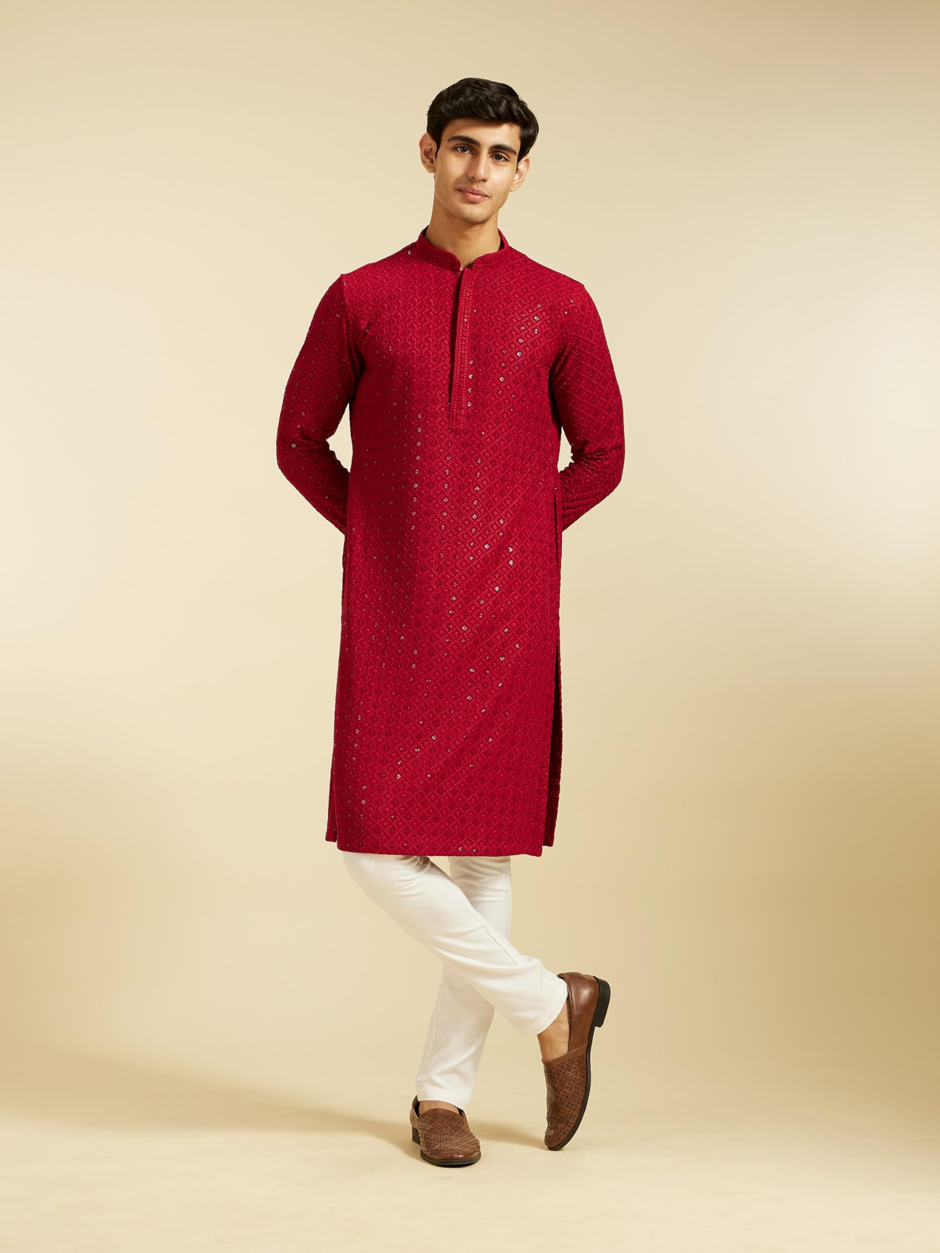 DIWAS BY MANYAVAR Men's Viscose Embroidered|Sequined Kurta (1pc) (in, Alpha, 2XL, Maroon) 2