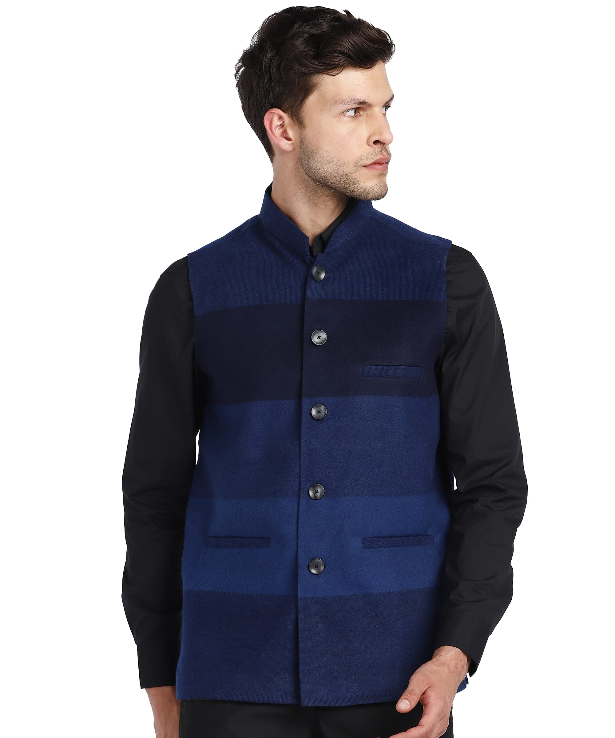 essentiele Men's Blue Multi Wool Bandhgala Ethnic Nehru Jacket Waistcoat-picture-30