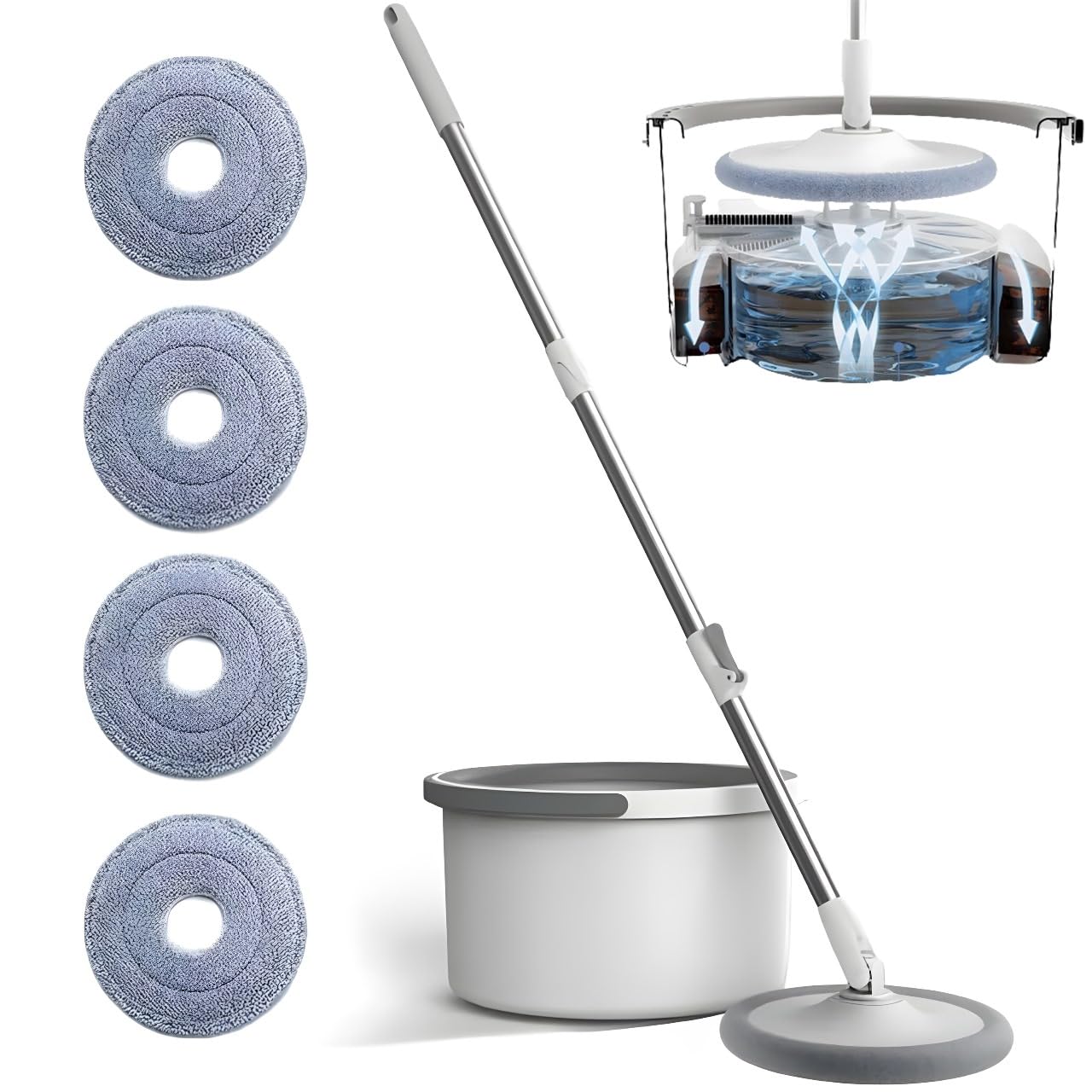 Magic Spin Mop and Bucket Set with Water Filtration Spinner, Sewage Separation Mop for All Types of Floor Cleaning, 360 Degree Spin, Includes 4 Super Absorbent Reusable Mop Head Replacements.