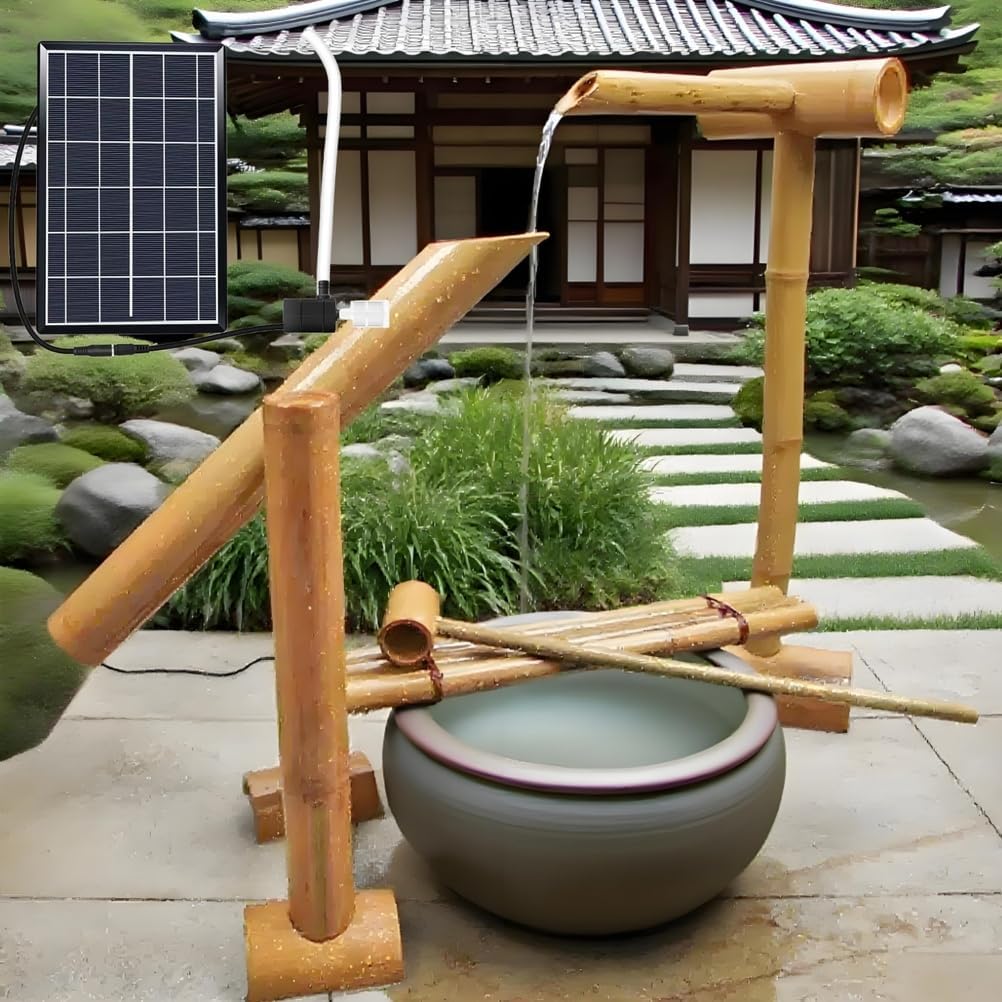 Water Fountain Outside Indoor, DIY Photo voltaic Water Pump Package, with Photo voltaic Panel & Pump & Filter, Break up-Resistant Bamboo, Outside Backyard Fountain, for Patios, Balconies, Lawns, 60cm