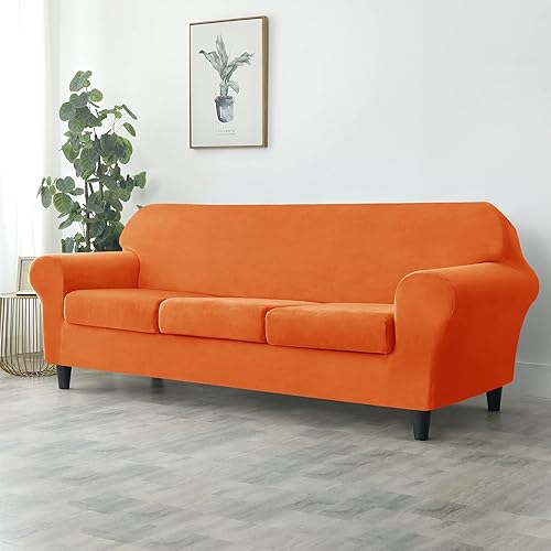 Miniatura 2 de CONRUSER Funda elástica para sofá, funda de terciopelo suave para sofá de 3 cojines, protector grueso de muebles para mascotas y niños (naranja, L)