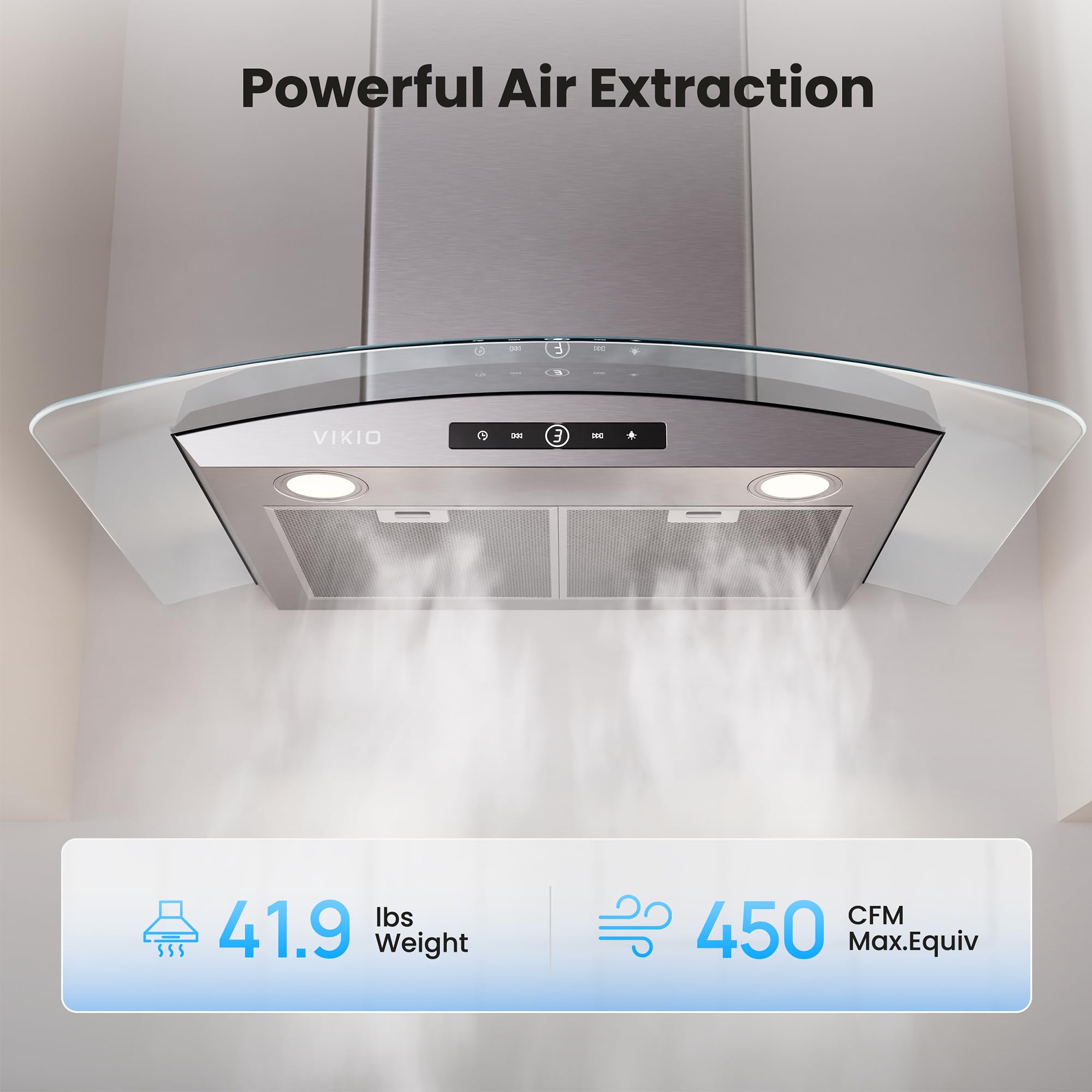 VIKIO HOME 30 Inch Wall Mount Range Hood, 450 CFM Dual Inlet, Curved Glass Kitchen Vent Hood, Ducted/Ductless Convertible, 3-Speed Touch Control, LED Lights, Stainless Steel - 3
