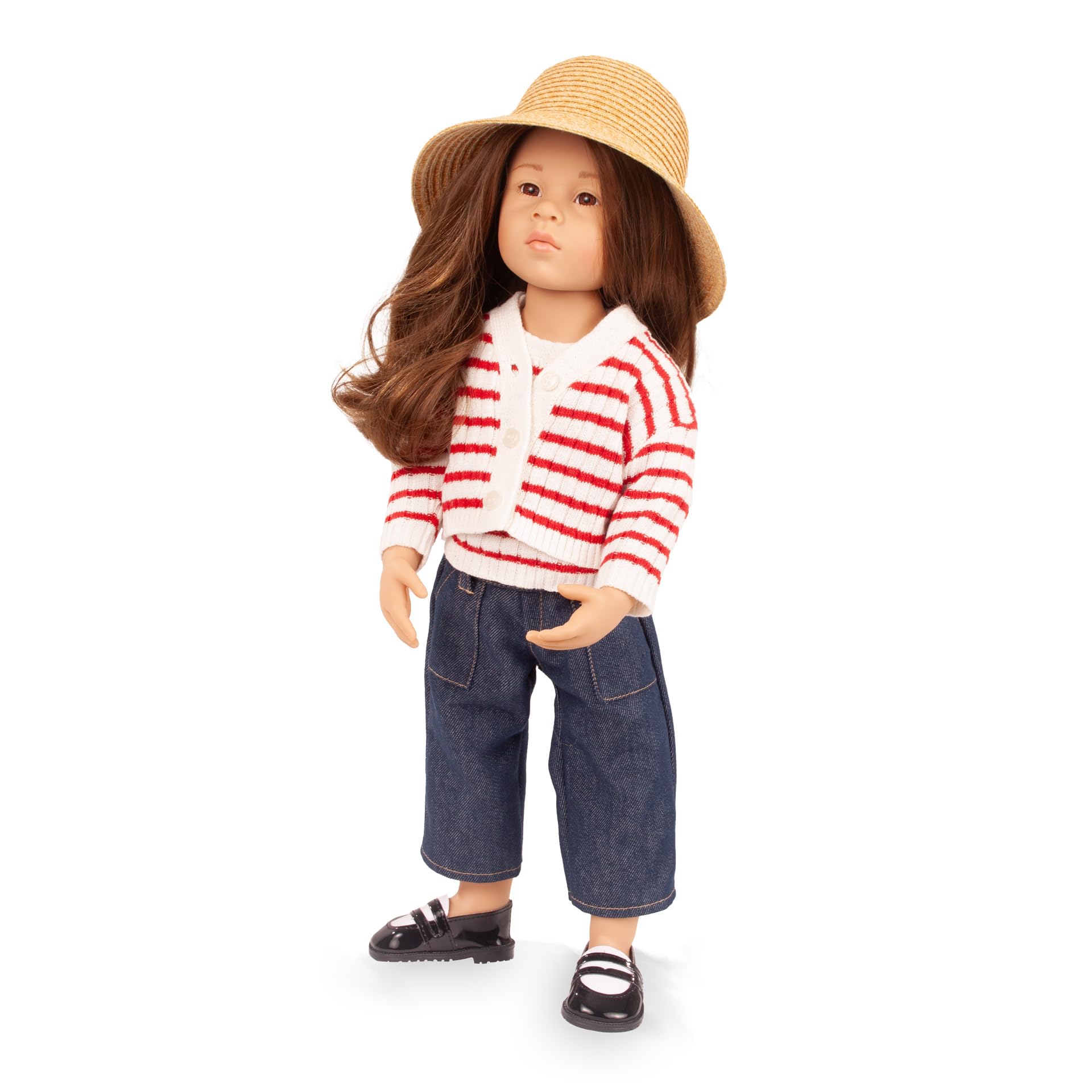 Götz 2666712 Happy Kidz Emilia Puppe 50 cm Multigelenk-Stehpuppe | 8-tlg, für Kinder ab 3 Jahren, braune Haare, braune Augen, 9 Gelenke, posierbar, frisierbar, Vinylhartkörper