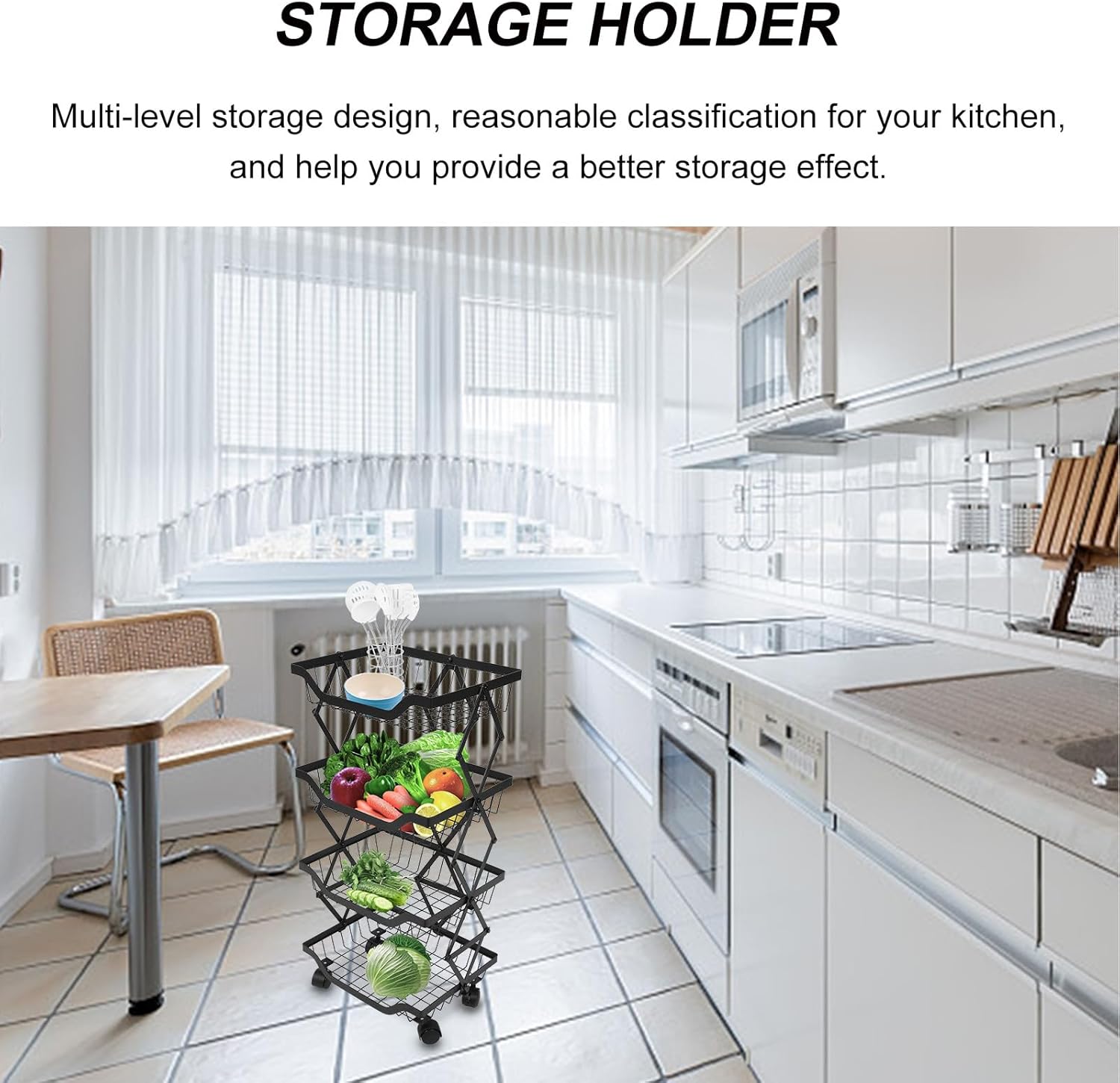 4-Layer Foldable Kitchen Storage Rack with Wheels, Floor Standing Multi-Layer Shelf for Fruit Vegetable Basket Organizer, Black Metal Foldable Shelf for Living Room and Bedroom