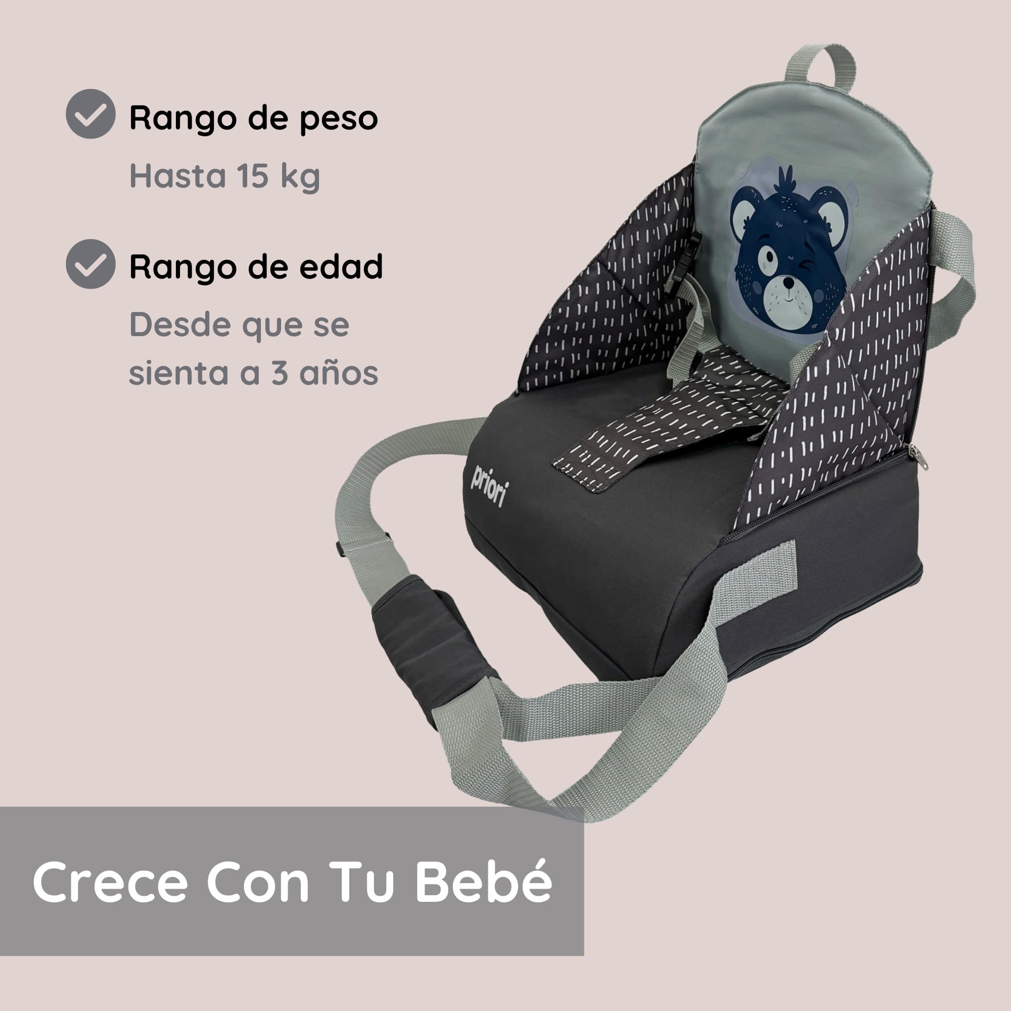 Chaise haute bébé portable Priori ALBI – siège rehausseur sécurisé et pliable, léger et confortable, avec harnais de sécurité, idéal pour les repas et les déplacements (Gris)