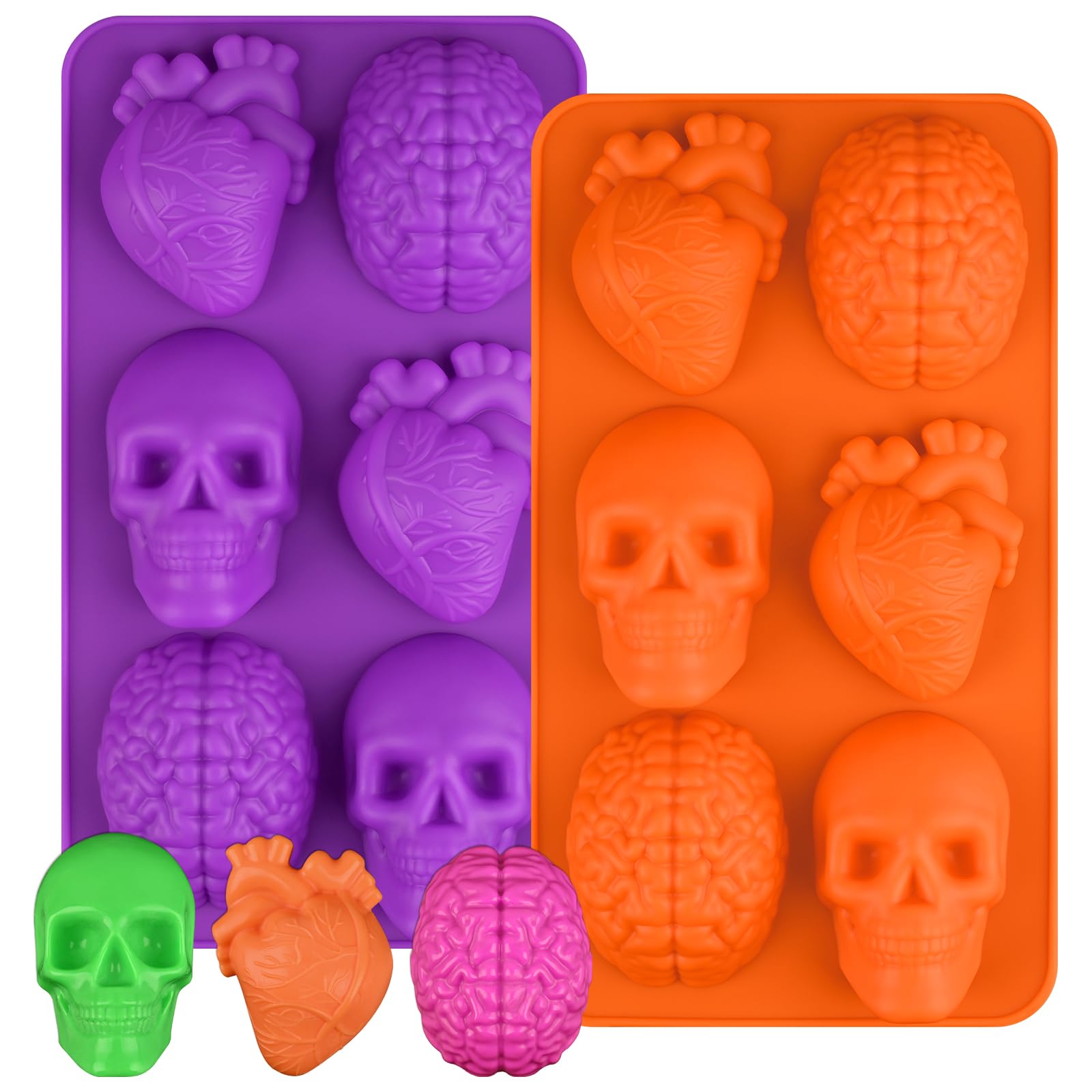 Sakolla Skull Brain and Heart Silicone Mold, 2 Pack Halloween Baking Molds for Make Human Organs shape Cake, Chocolate, Gelatin, Jelly, Soap and Resin