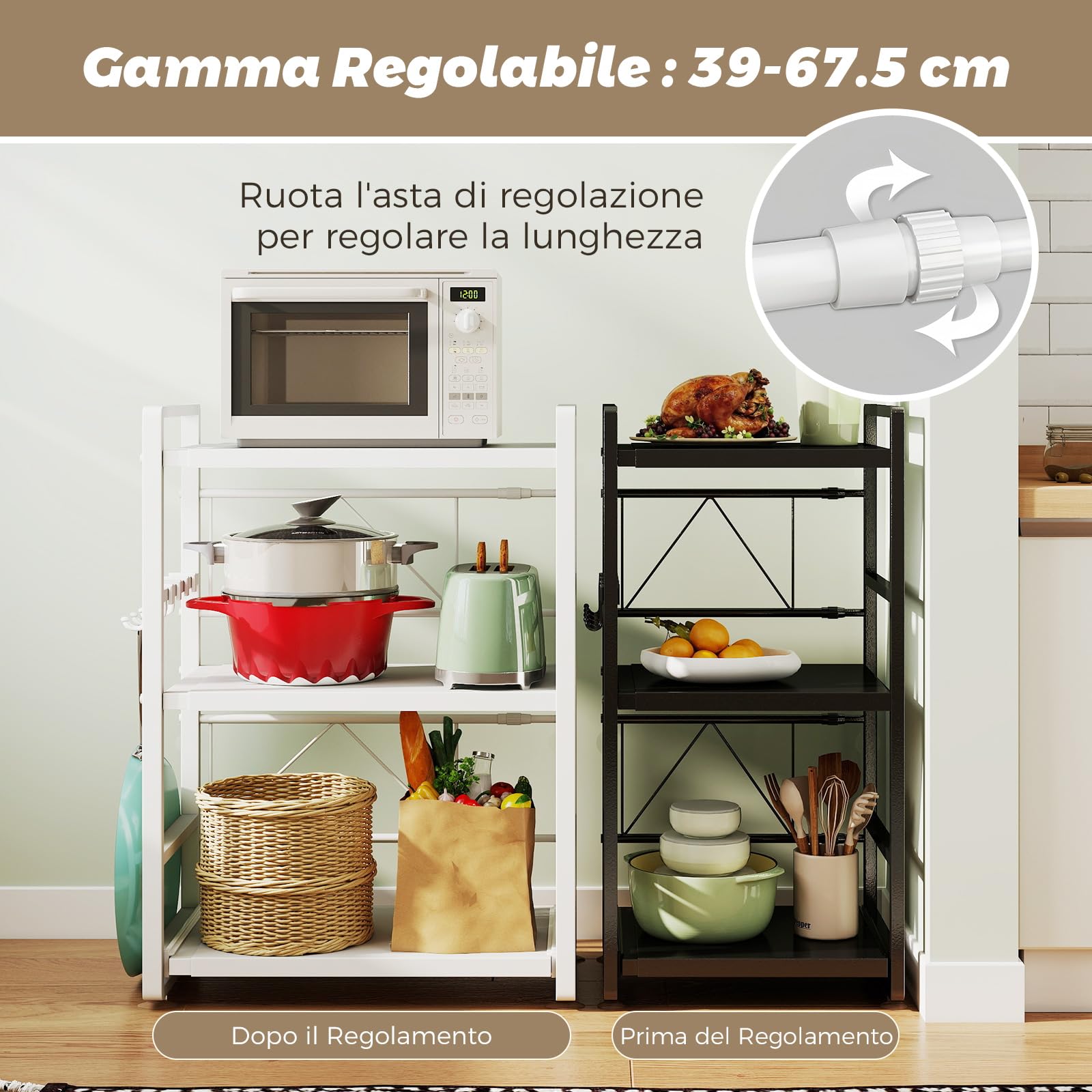 Scaffalatura per microonde a 3 ripiani, regolabile in altezza ed estraibile, con cassetto, in acciaio al carbonio, con ganci e ventose di rinforzo, scaffale da forno (nero)