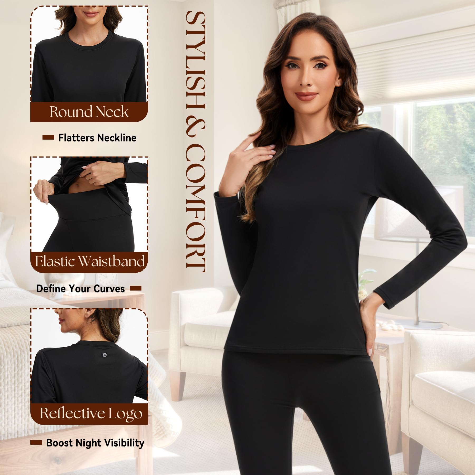 AMZSPORT Set de sous-vêtements Thermiques pour Femme - Combinaison Hiver Respirante avec Doublure Polaire, Haut Manches Longues & Leggings Doux pour Ski et Activités Extérieures