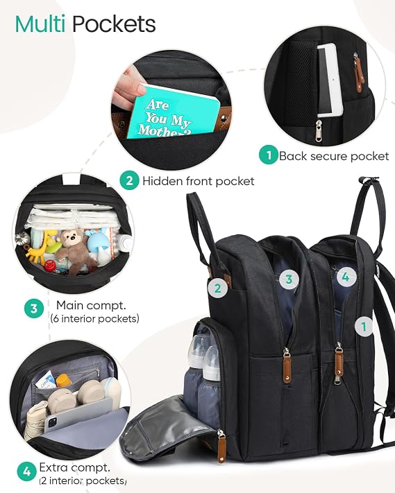 Qualyphant Extra Large Diaper Bag Backpack for Two Kids Twins - Expandable Baby Bag (26-36L), Dual Big Compartments - Includes Changing Pad & Stroller Straps, Unisex Black