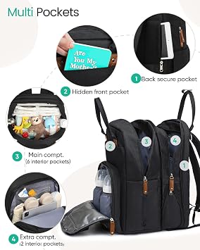 Qualyphant Extra Large Diaper Bag Backpack for Two Kids Twins - Expandable Baby Bag (26-36L), Dual Big Compartments - Includes Changing Pad & Stroller Straps, Unisex Black