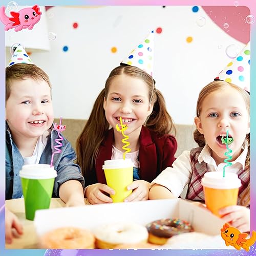Miniatura 2 de Uiifan 30 pajitas de ajolote de plástico para fiestas, suministros de fiesta de ajolote giratorio con 2 cepillos de limpieza, popotes reutilizables