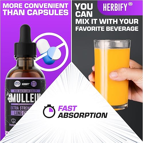 Miniatura 5 de HERBIFY Mullein Drops - Limpieza pulmonar - Extracto de hoja - Potente gordolobo para apoyo inmunológico, desintoxicación y apoyo respiratorio -