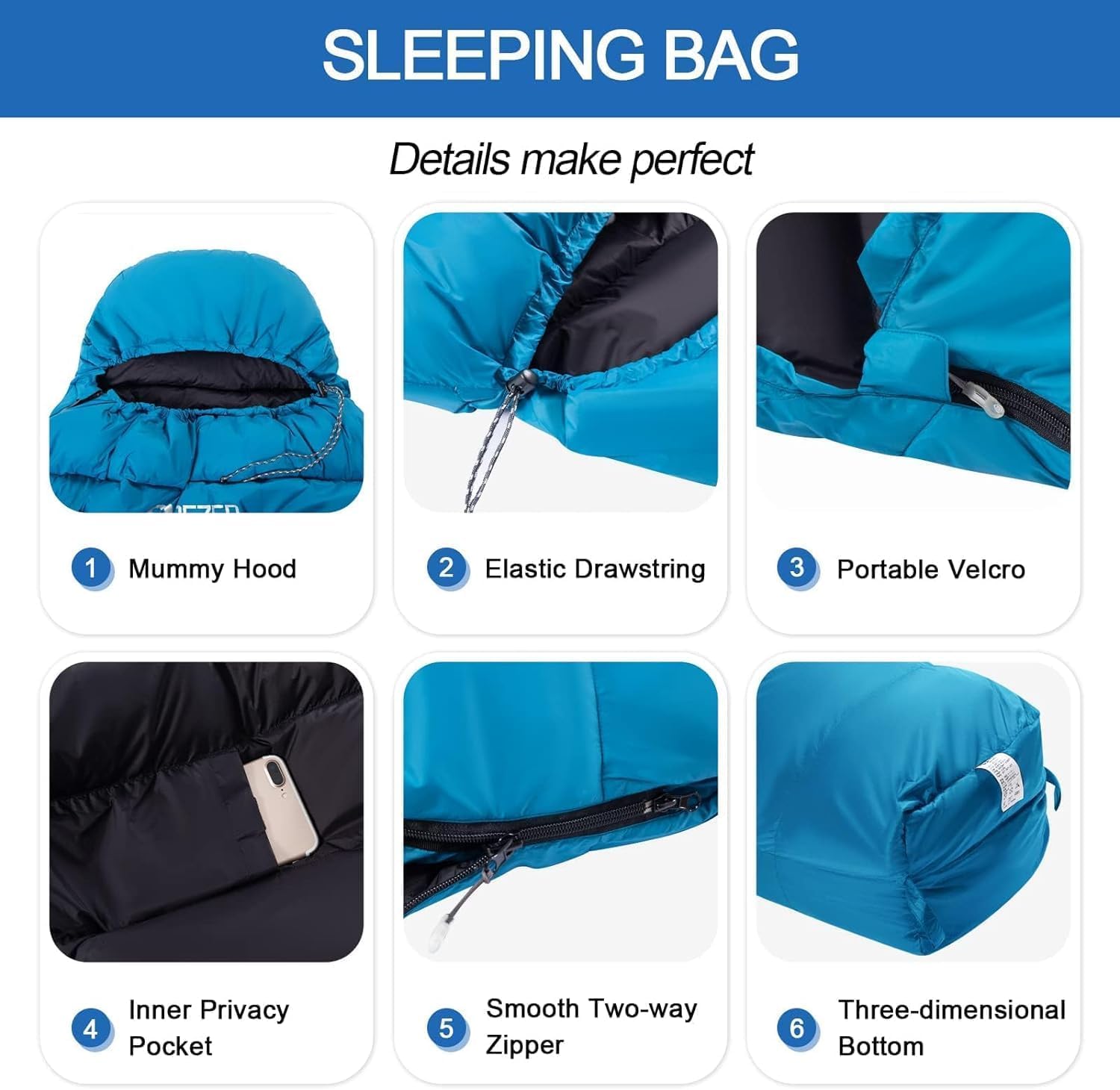 Ultralekki śpiwór dla dorosłych, tylko 780g śpiwór turystyczny wypełniony puchem kaczym 600+FP 5°C 15°C do kampingu i turystyki pieszej, Warehouse Outdoor (400blue)