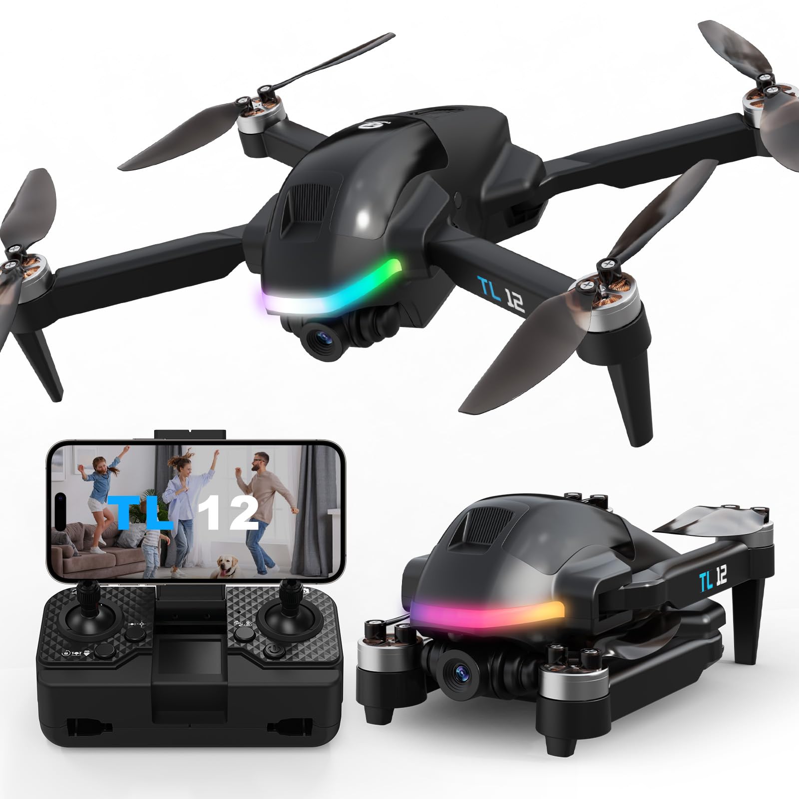 TL12 RGB Illuminato Droni Motore Senza Spazzole Drone con Telecamera 1080P 3D Flips Trasmissione FPV Mantenimento Dell'Altitudine Avvio con Un Solo Tasto RC Quadcopter per Principianti Luci Multiple