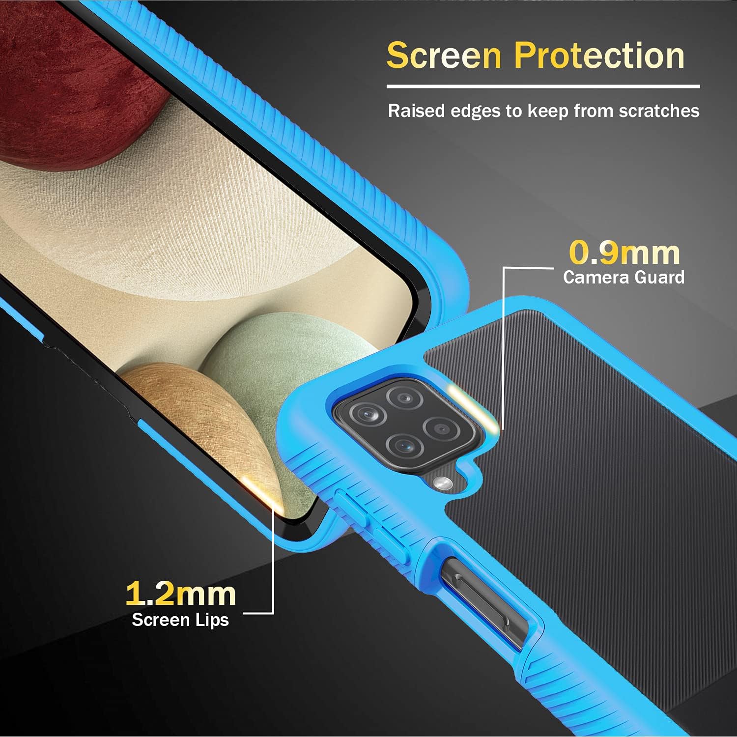 JXVM for Samsung Galaxy A12 Case: with Front Built in Screen Protector & Hard Anti-Scratch Clear Back Case - Full Body Anti-Fall Cell Phone Cover Heavy Duty Shockproof Phone Defender - Light Blue