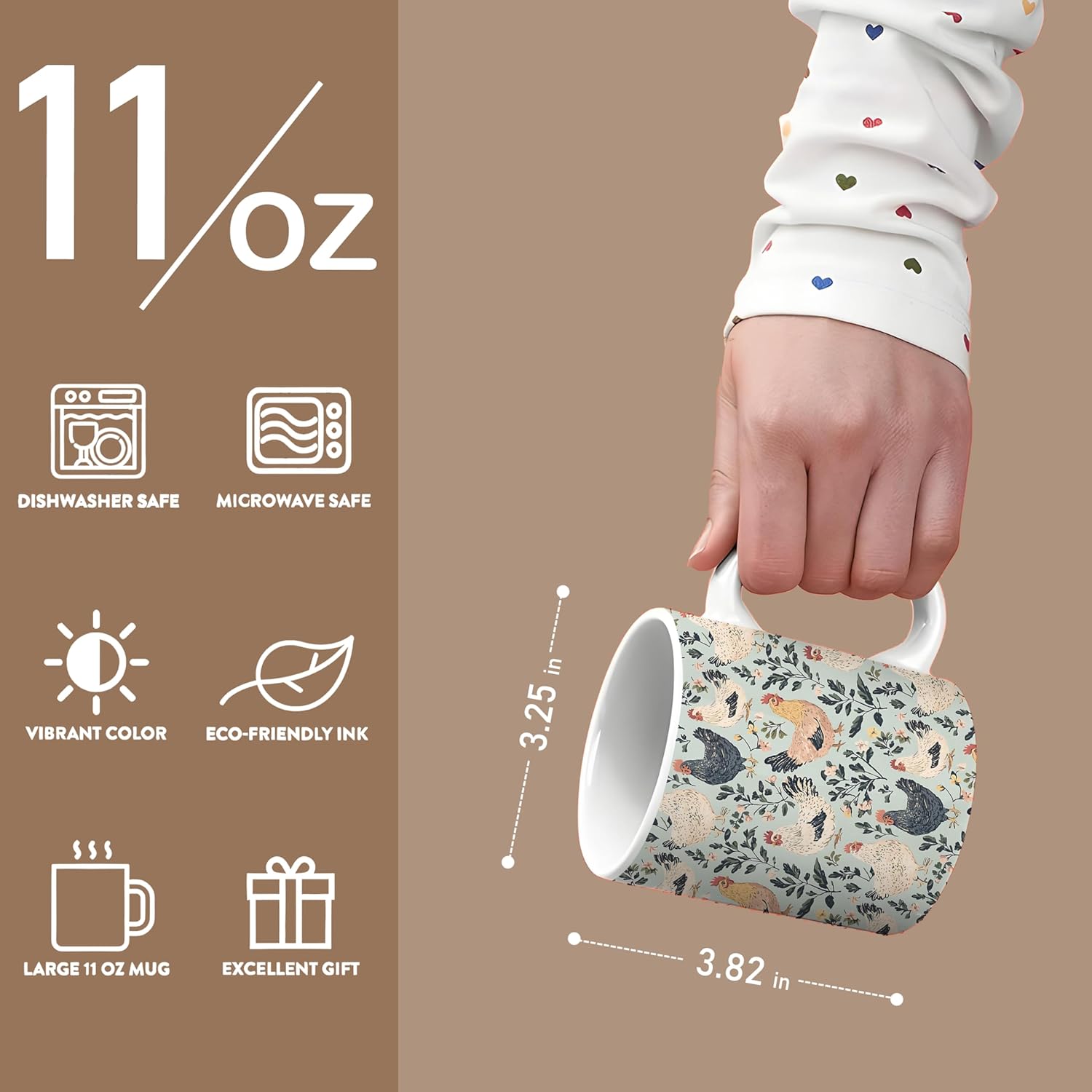 Rustic Floral Botanical Chicken Mug, Chicken Lover Mom Lady Gifts Coffee Cups Ceramic, Farmhouse Cottagecore Farm Animal Hen Rooster Coffee Tea Mug 11oz - Image 6