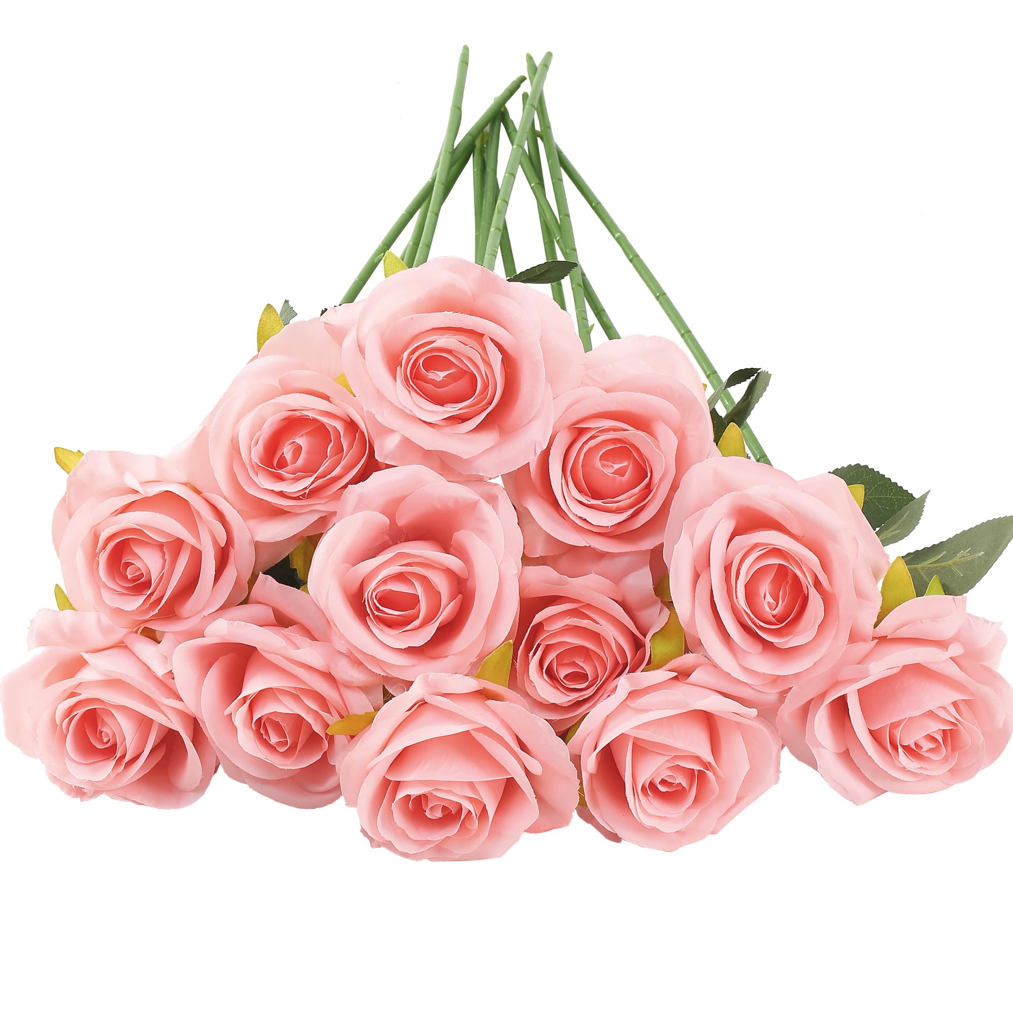 HNVNER 12 Pcs Artificial Roses, Pink Fake Rose Artificial Flowes with Stem Silk Flowers Bouquets for Wedding Table Centerpiece Home Decor