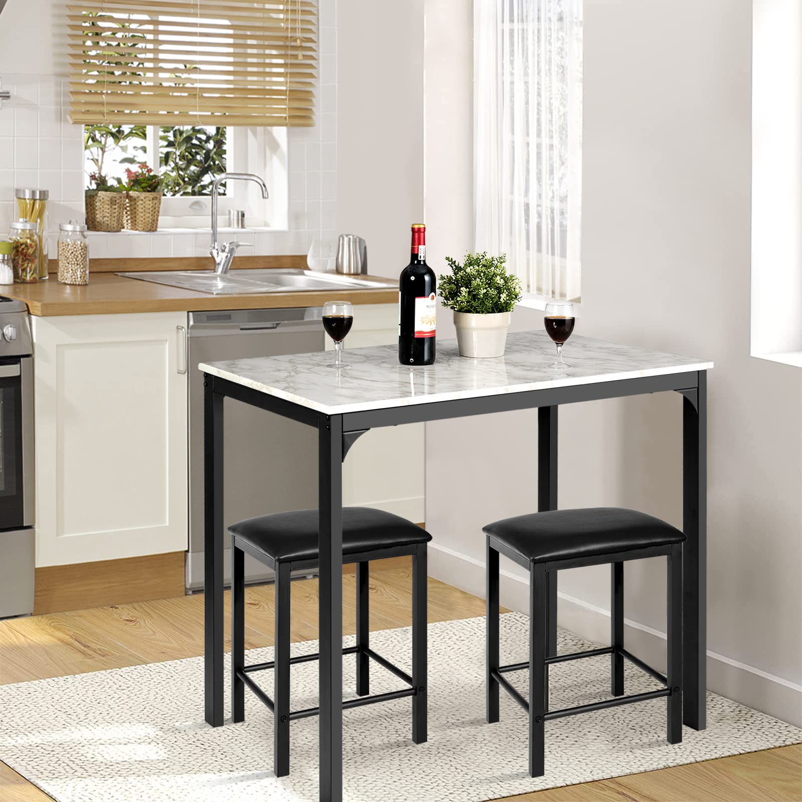 HOMASIS Tavolo Alto Bar con 2 Sgabelli, Tavolo da Pranzo in Legno, Set di 3 Pezzi da Soggiorno, Penisola Cucina con Sgabelli, 90 x 60 x 82 cm (Bianco)