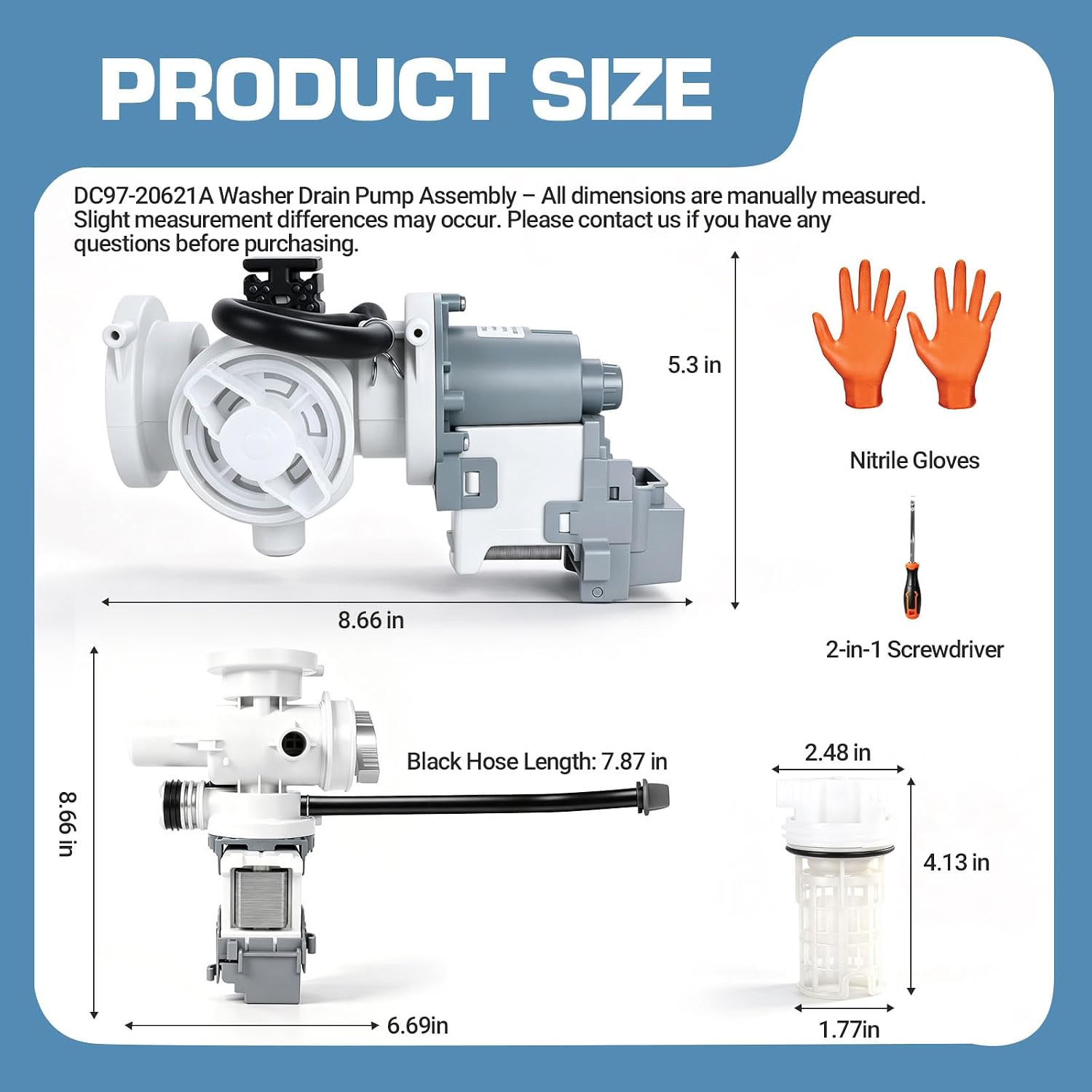 DC97-20621A Washer Drain Pump Kit with Nitrile Gloves & 2-in-1 Screwdriver