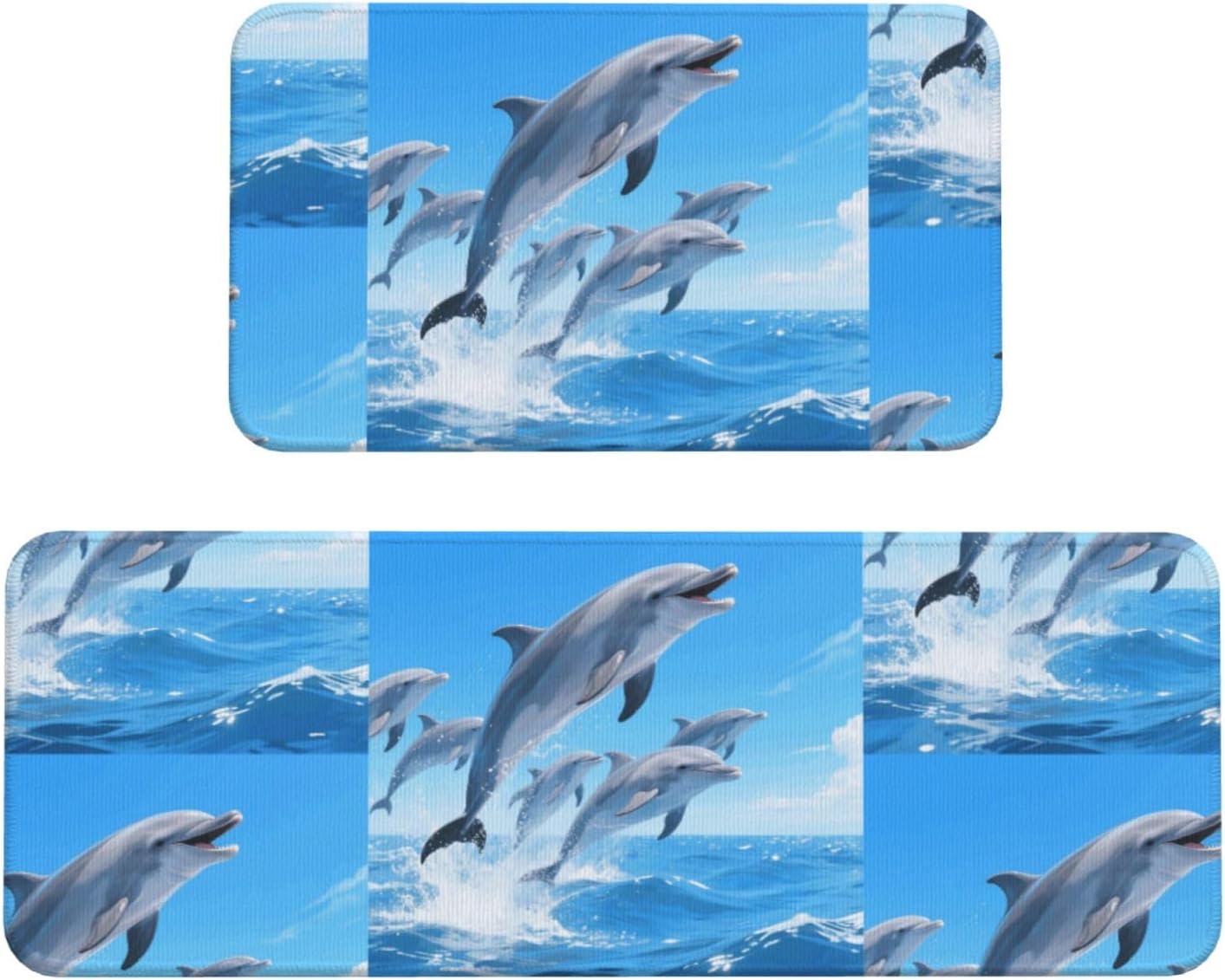 Dolphins Kitchen Rugs Set of 2, Cushioned Anti-Fatigue Kitchen Mats for Floor, Waterproof Comfort Standing Mat Absorbent Velvet Kitchen Runner Rugs 17"x30"+17"x47"