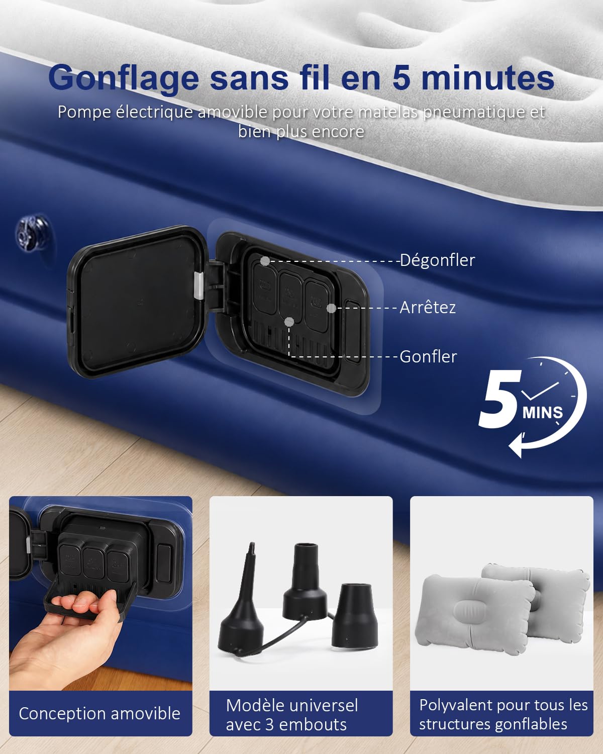 Spopal Matelas Gonflable 2 Personnes,200x152x40cm,2600mAh,Charge Max 450kg | Pompe Électrique Intégrée Rechargeable,PVC Épais Anti-Fuite Imperméable,Lit Gonflable Portable pour Camping Invités Voyages