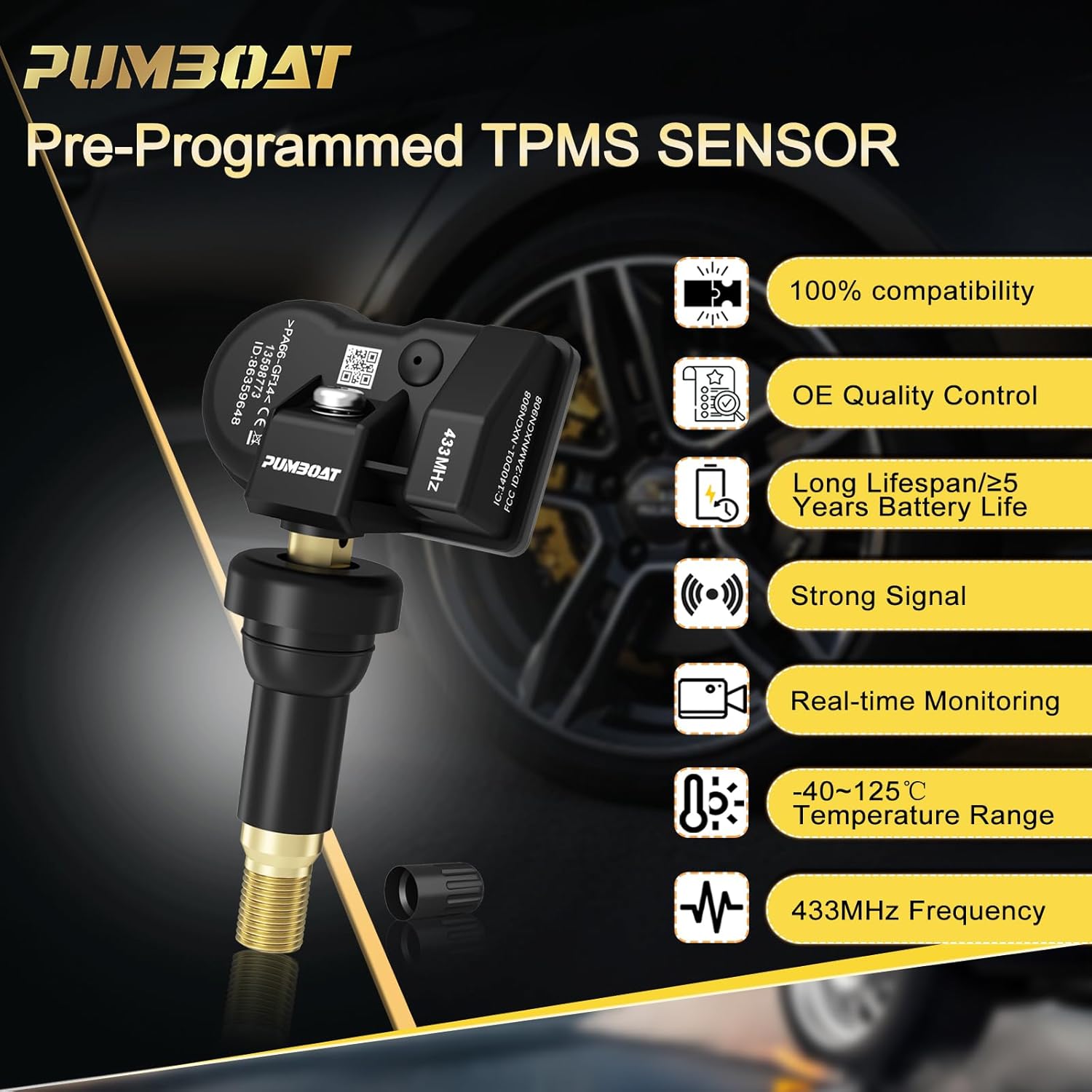TPMS GM 433Mhz Pre-Programmed Tire Pressure Monitoring Sensor,with➥GMC Sierra 1500(19-25)|Sierra 2500(20-25)|Yukon(20-25)|Acadia(16-23)➥Buick Enclave(18-22) OE#13598773,13516165(Set of 4)