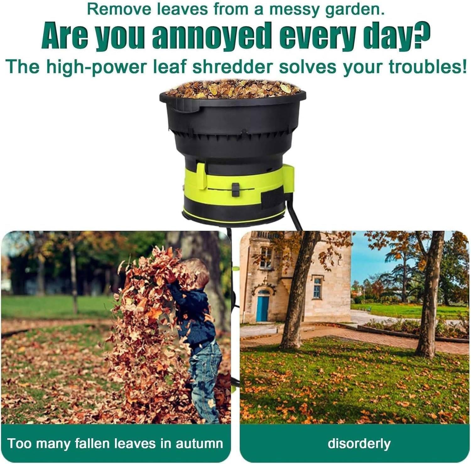 Trituradora de jardín portátil de 2500 W con ruedas, trituradora de hojas eléctrica con cable, 8000 rpm, bolsa recolectora y embudo de 54 cm de diámetro.,Powercord×30m