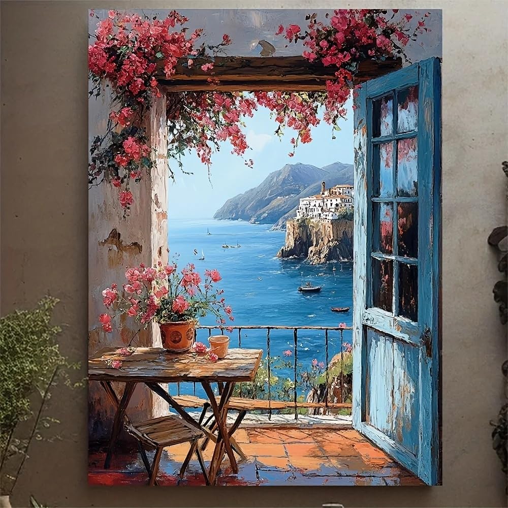 Gosrd Frameless Mediterranean Window View Canvas Prints Art Coast Landscape Painting, For Coastal Home Accent(70X100cm)