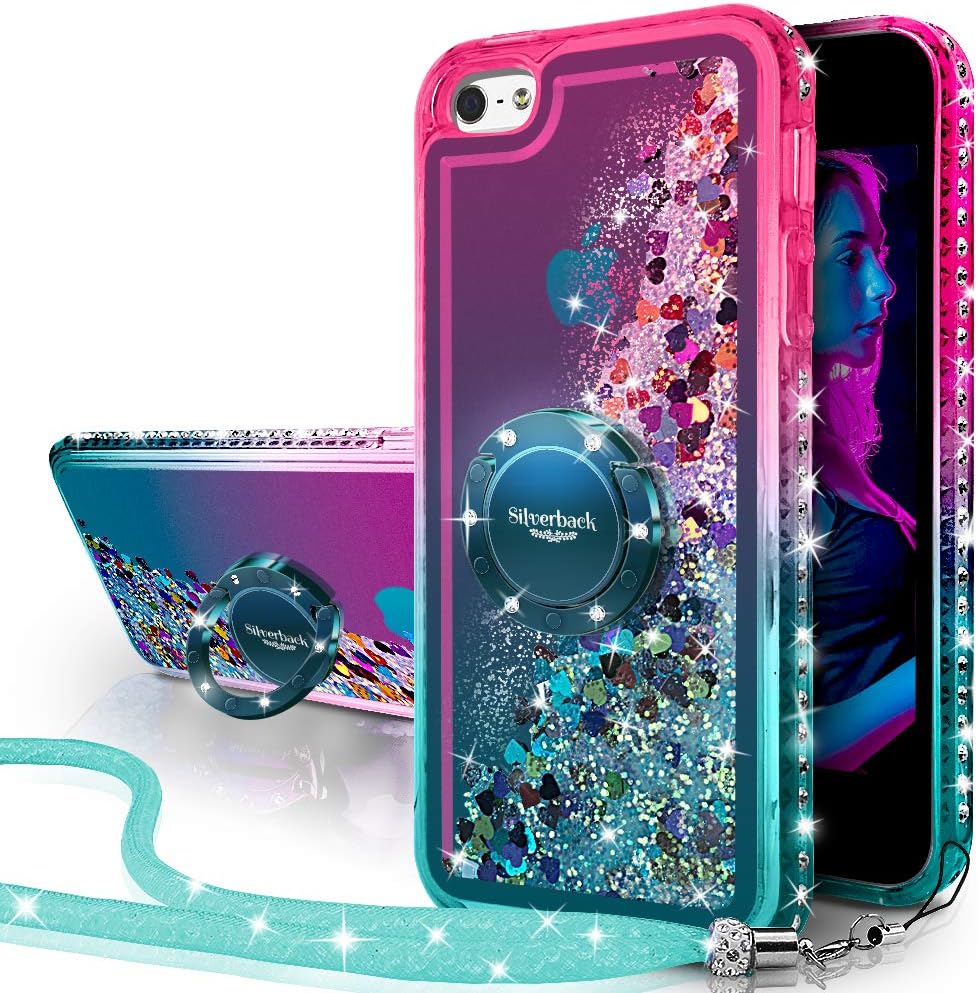 iPhone SE Case, iPhone 5S/5 Case, Silverback Moving Liquid Holographic Sparkle Glitter Case with Kickstand,Bling Diamond Bumper with Ring Protective Apple iPhone SE Case for Girls Women -Green W