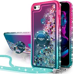 iPhone SE Case, iPhone 5S/5 Case, Silverback Moving Liquid Holographic Sparkle Glitter Case with Kickstand,Bling Diamond Bumper with Ring Protective Apple iPhone SE Case for Girls Women -Green W