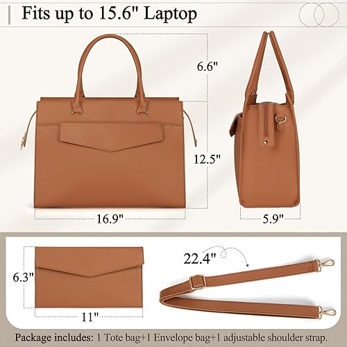 Miniatura 3 de Bolsa de cuero para laptop de 15.6 pulgadas para mujer, juego de 2 piezas, bolsa de trabajo profesional con bolso de mano, bolsa de mano grande para
