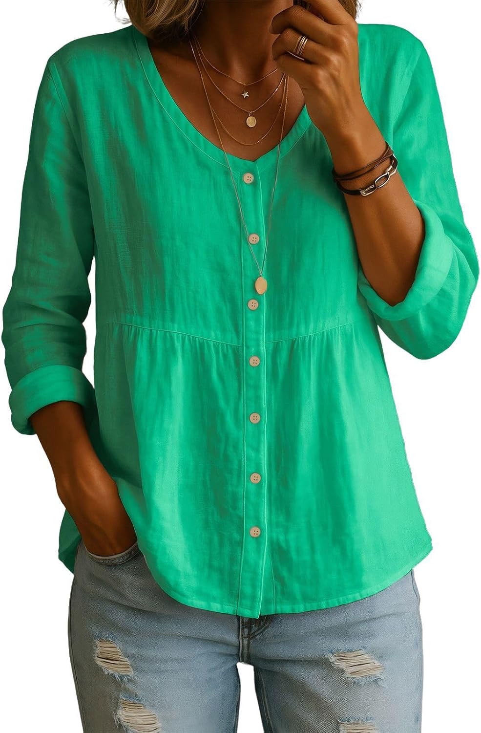 ebossy Women's Cotton Linen Tunic Shirt Tops V Neck Roll Up Long Sleeve Button Down Casual Summer Blouses
