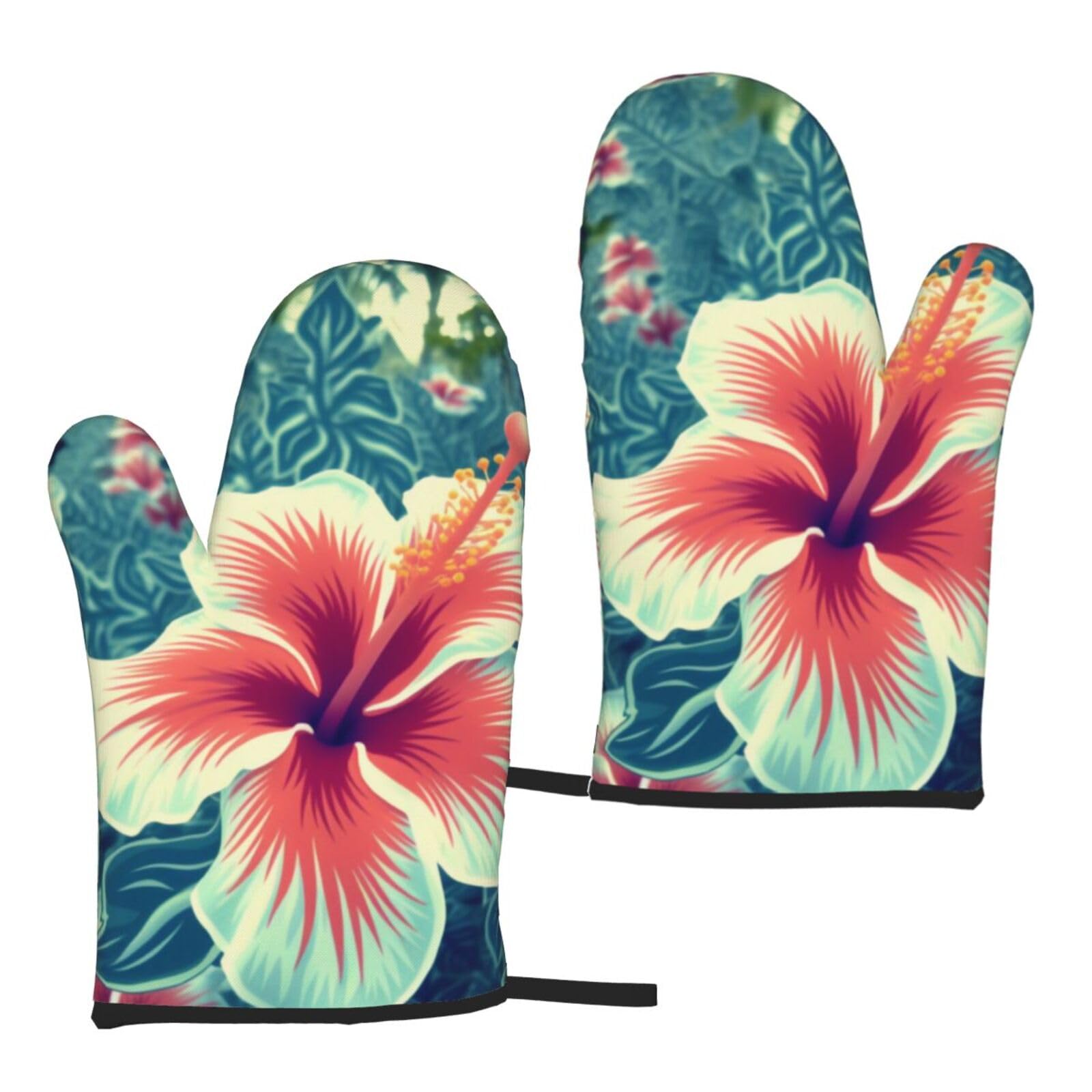 Hawaii Flower Printed Oven Mitts Sets 2 PCS Heat Resistant and Non-Slip Glove Potholder for Kitchen Cooking Baking Grilling