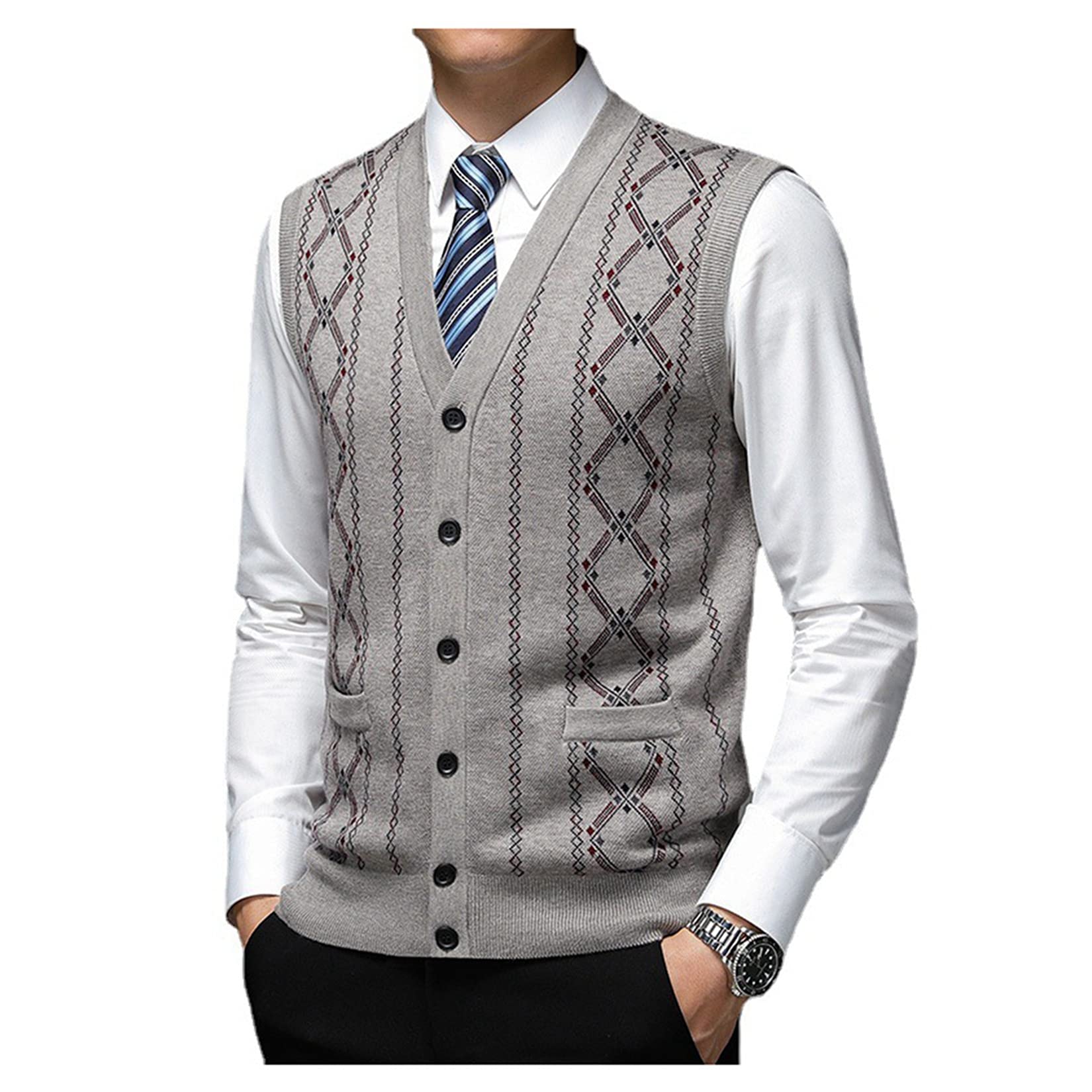 Dawwoti Hommes Tricoté sans Manches Pulls De Laine Mélange d'affaires Plaid Chandail Cardigan Gilets Col V