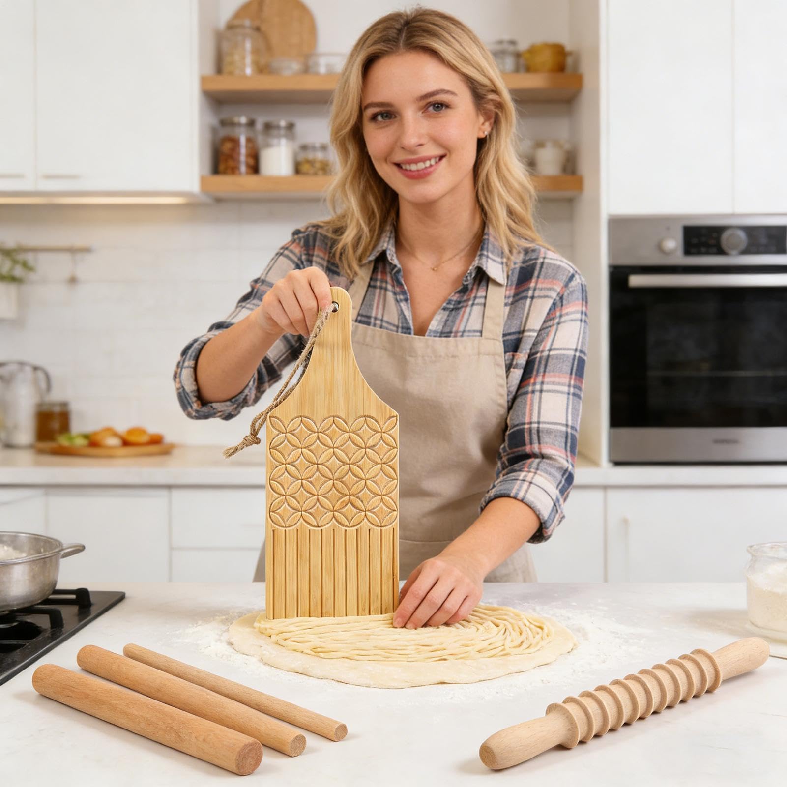 Pasta Herstellung Set 7-teiliger lebensmittelechter Handstempel aus Holz | Nudelschneiderad Für Die Zubereitung Von Teigtaschen, Gebäck, Teig, In Küche, Haushalt, Restaurant, Gewerbe