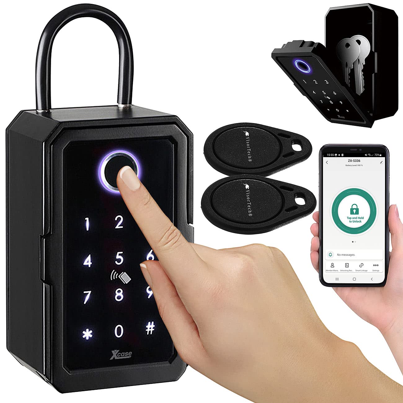 Xcase Schlüsseltresor mit Chip: Smarter Schlüssel-Safe, Touch-PIN, Fingerprint, Transponder, Bluetooth (Schlüsseltresor Fingerprint, Smarter, Auto)