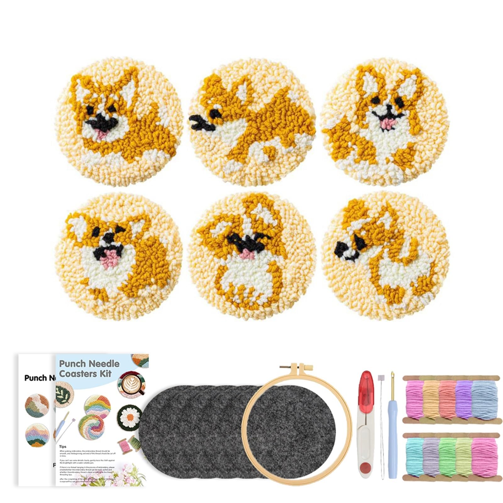 1Set Embroidery Kit Punch Needle Coaster Set Beginner Art Craft Supplies Tufted Coasters For Adult for DIY(Color2)